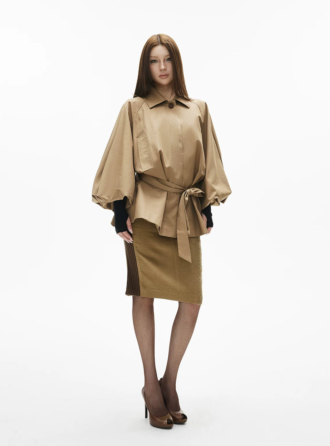 Batwing Sleeve Short Belted Trench Coat - nightcity clothing