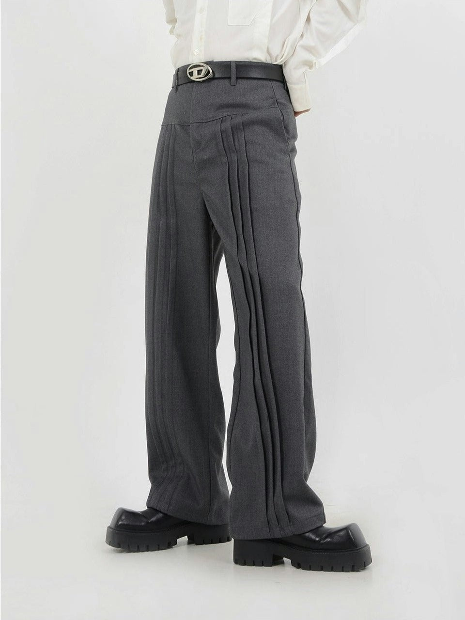 Multi-Pleated Wide-Leg Trousers with Waist Detail