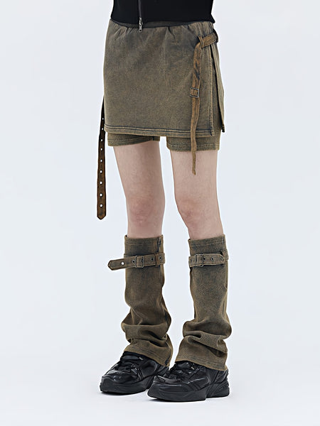 Sandblast Dyed Layered Skirt Skort and Leg Warmers Set - nightcity clothing