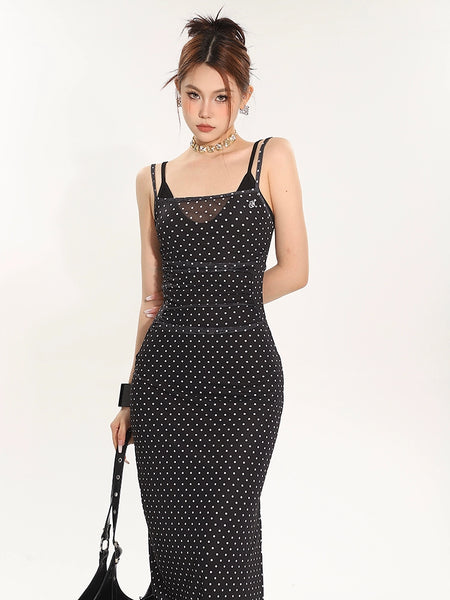 Polka Dot Sleeveless Midi Bodycon Dress - nightcity clothing