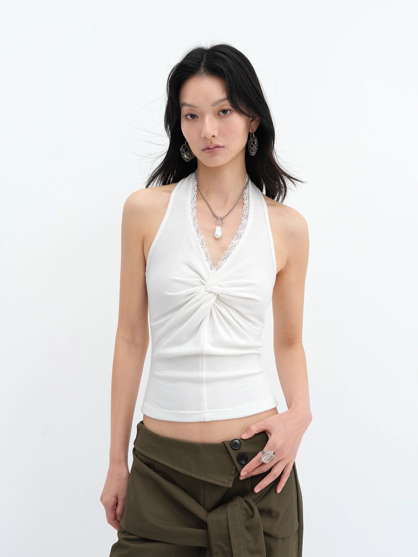 Halter Neck Lace Trim Twist Front Top