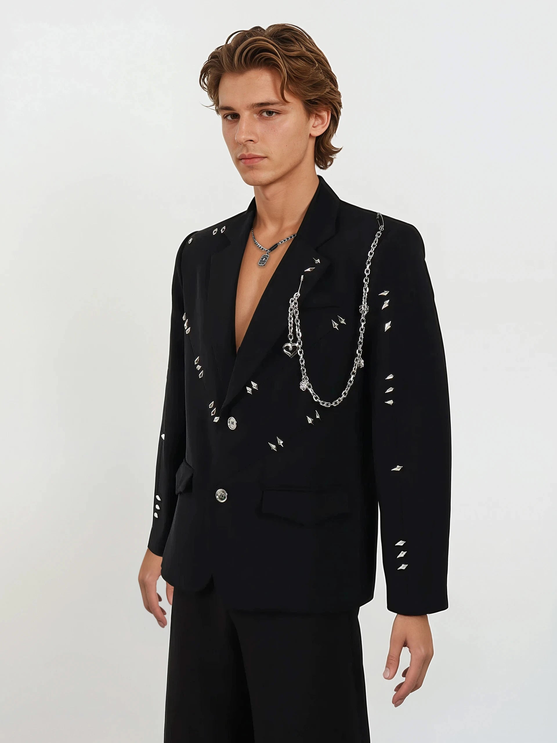 Embellished Blazer with Stud Details and Chain Accent