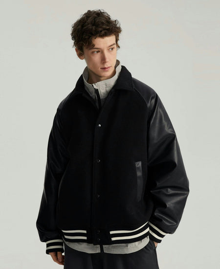 Varsity Bomber Jacket with Faux Leather Sleeves