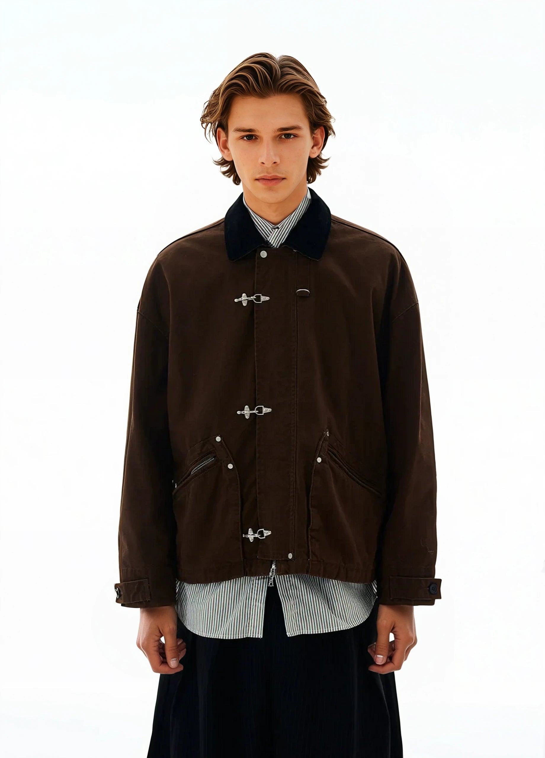 Fireman Buckle Worker Zip Jacket with Contrast Collar