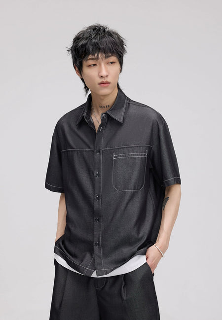 Textured Contrast Stitching Short Sleeve Button Shirt - nightcity clothing