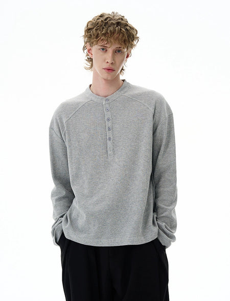 Waffle Texture Henley Cropped Long Sleeve T-Shirt - nightcity clothing
