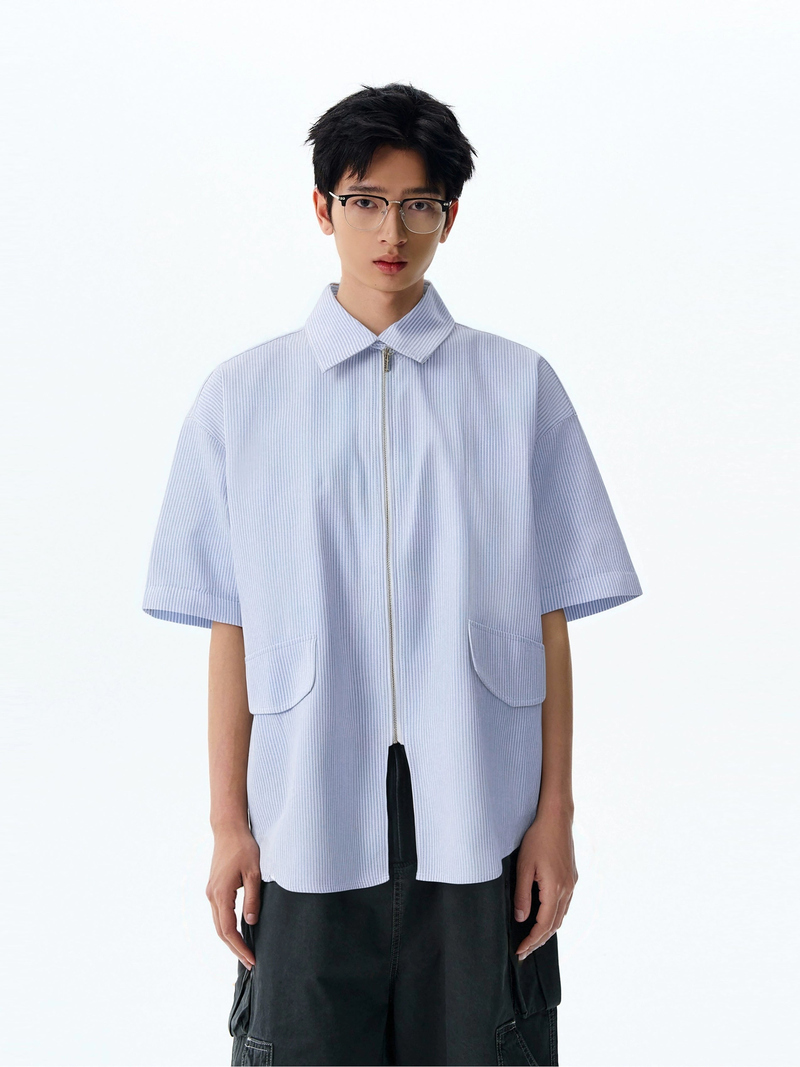 Pinstripe Short Sleeve Zip Top with Collar