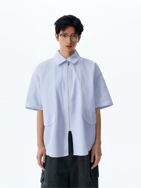 Pinstripe Short Sleeve Zip Top with Collar