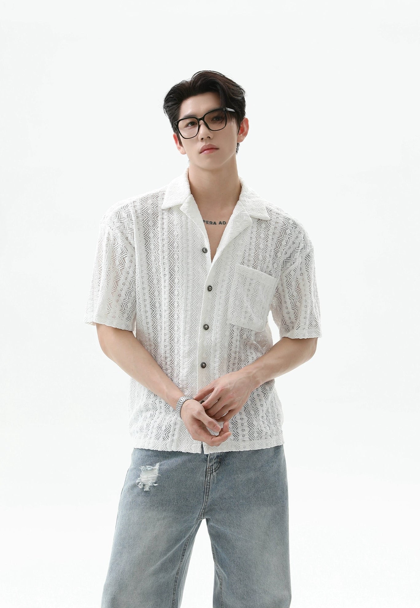 Button-Up Sheer Lace Shirt with Geometric Pattern