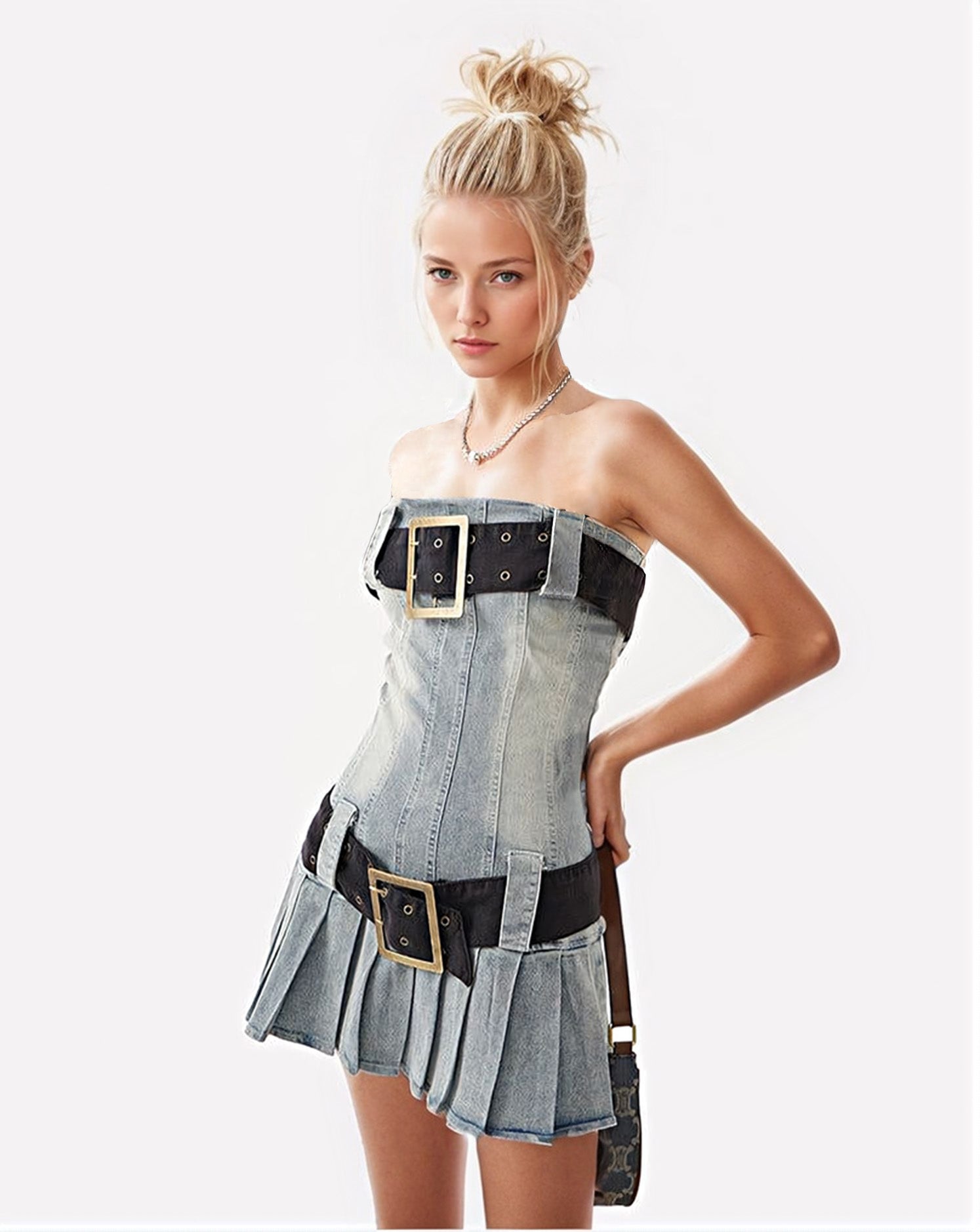 Sandblast Denim Kilt Mini Tube Dress