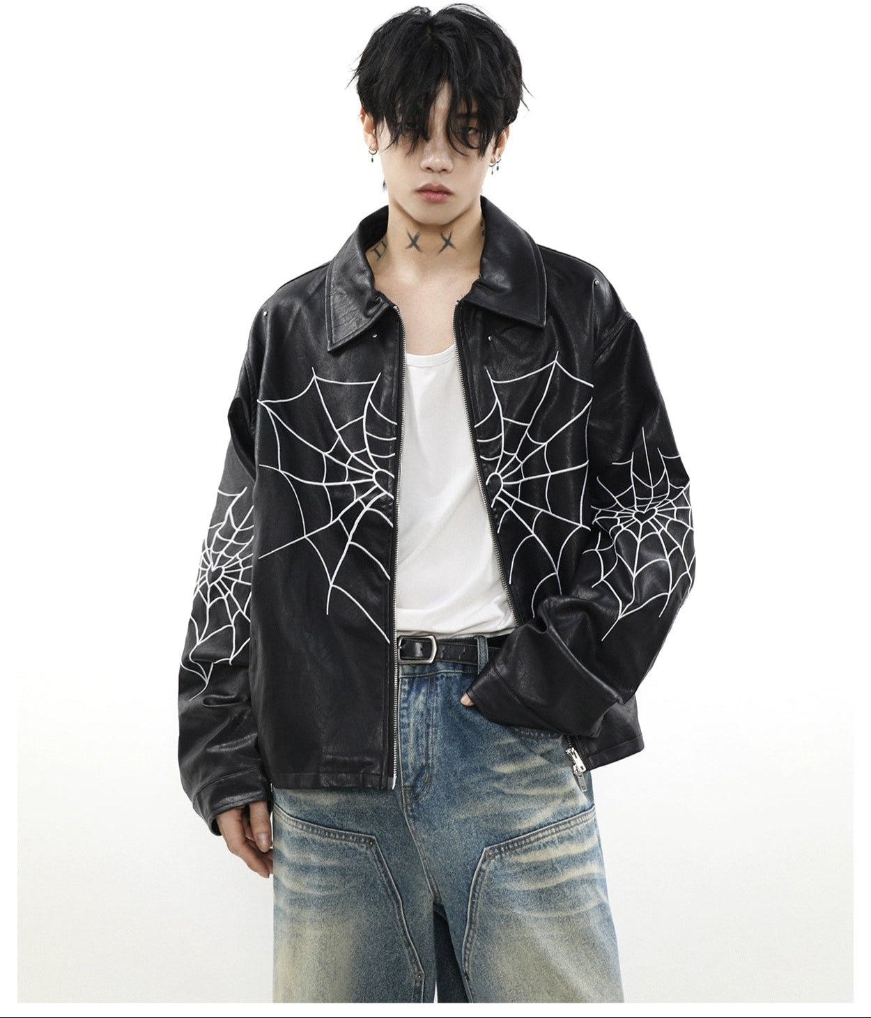 Spiderweb Print Faux Leather Bomber Jacket