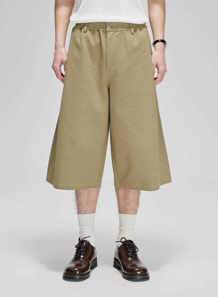 Elastic Waist Wide Leg Pleated Longline Bermuda Shorts
