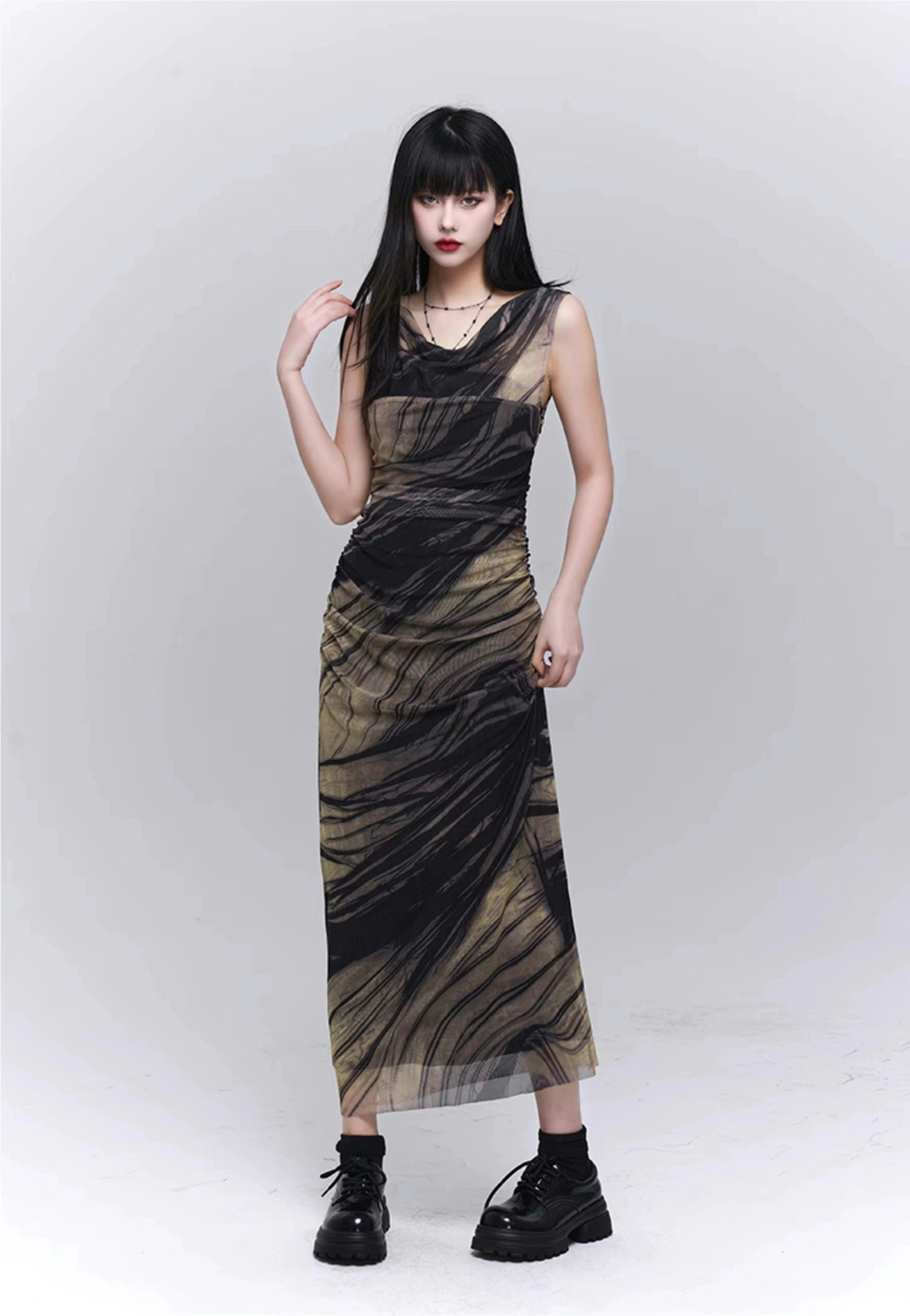 Sheer Overlay Marble Print Midi Dress