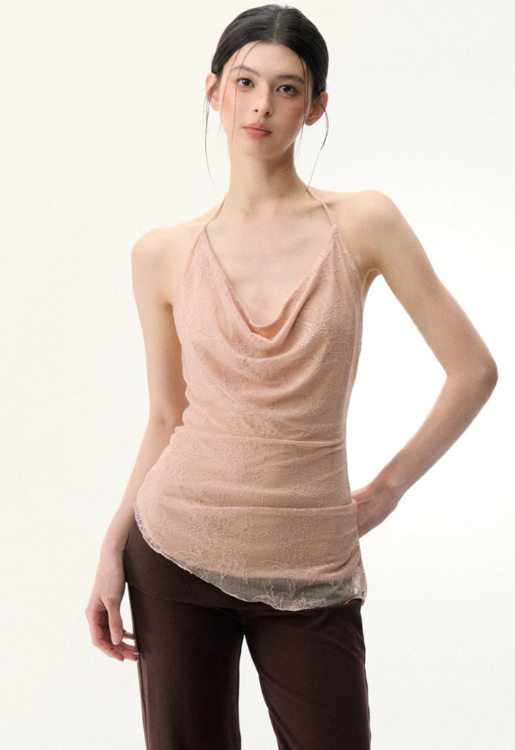 Sheer Lace Low Cowl-Neck Halter Top