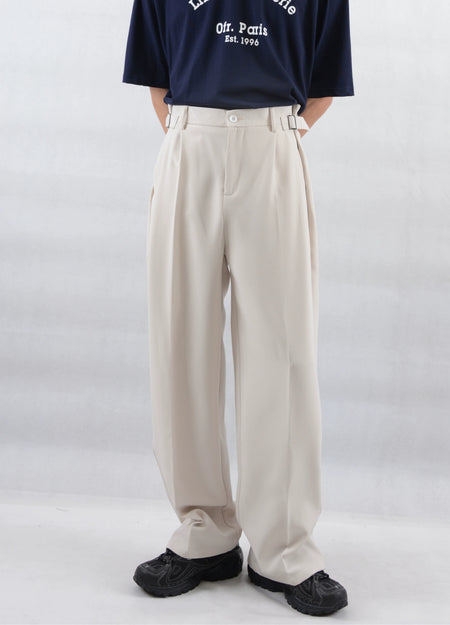 Wide Leg Pleated Trousers with Buckle Detail - nightcity clothing