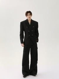 Structured Double-Breasted Blazer with Shoulder Pads and Wide Lapel