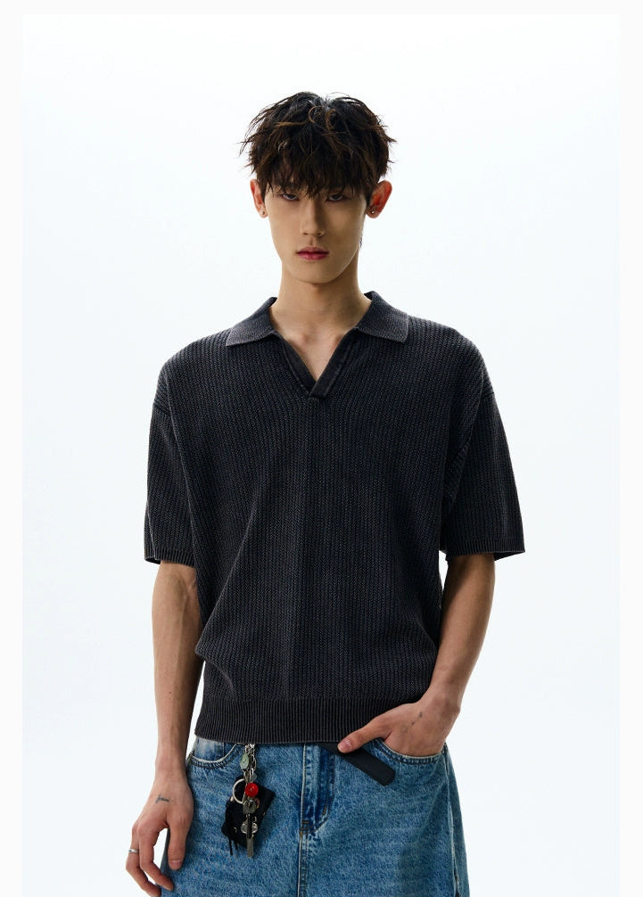 Washout Textured Knit Short Sleeve Polo Shirt