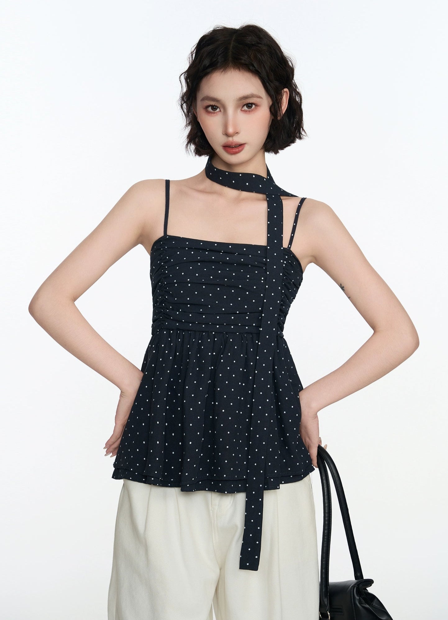 Ruched Polka Dot Spaghetti Strap Top with Scarf Detail