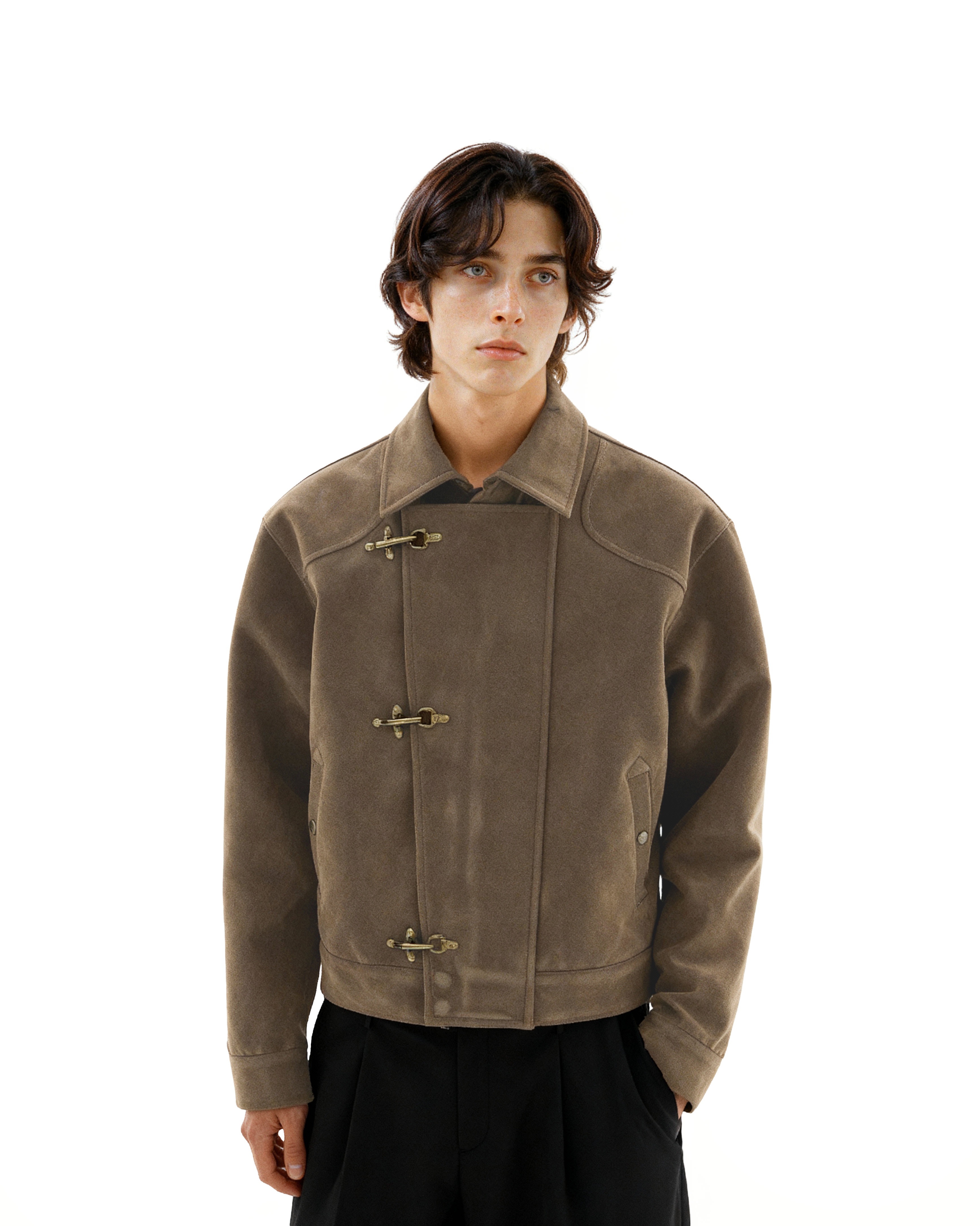 Asymmetric Fireman Buckle Mid Crop Suede Jacket
