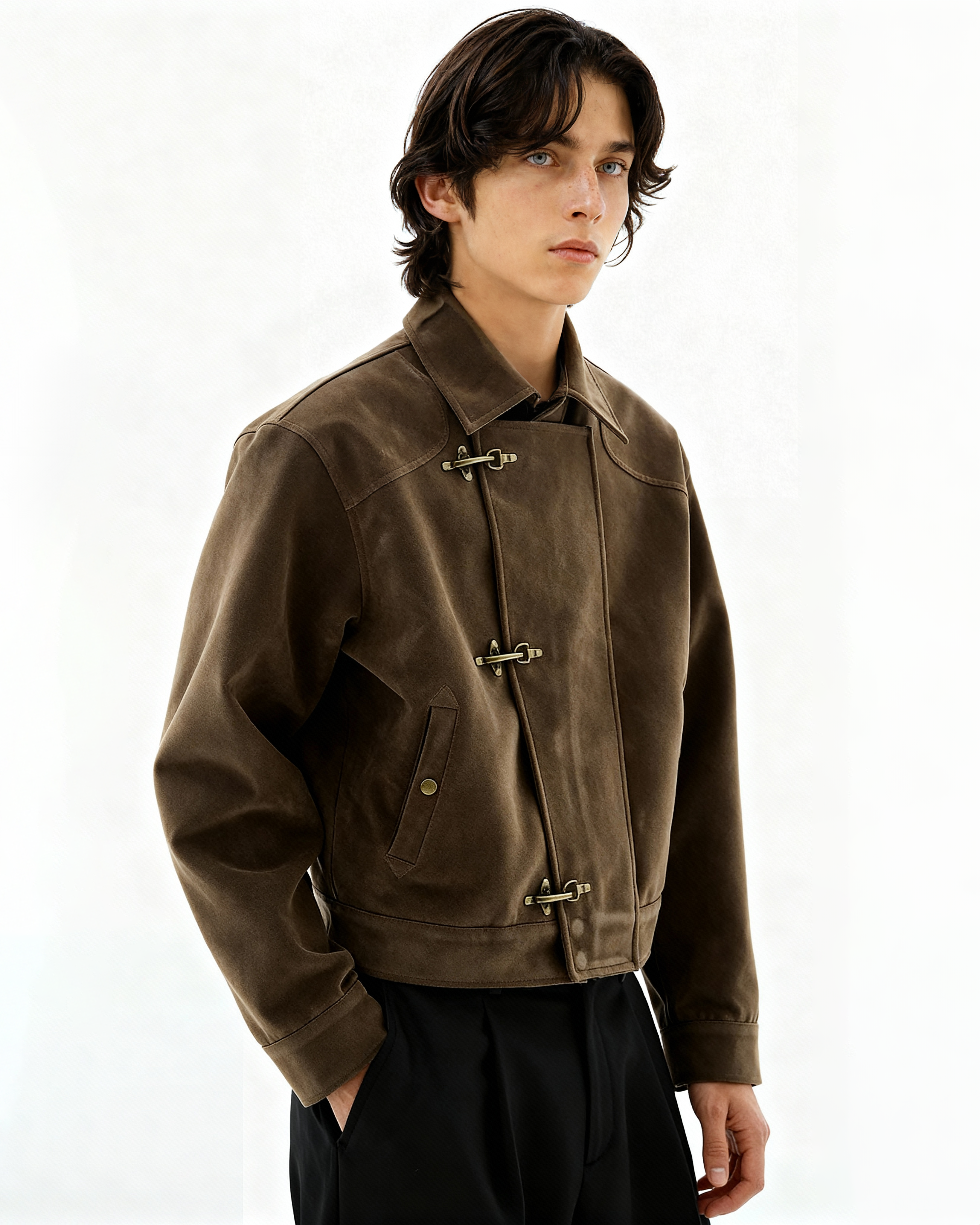 Asymmetric Fireman Buckle Mid Crop Suede Jacket