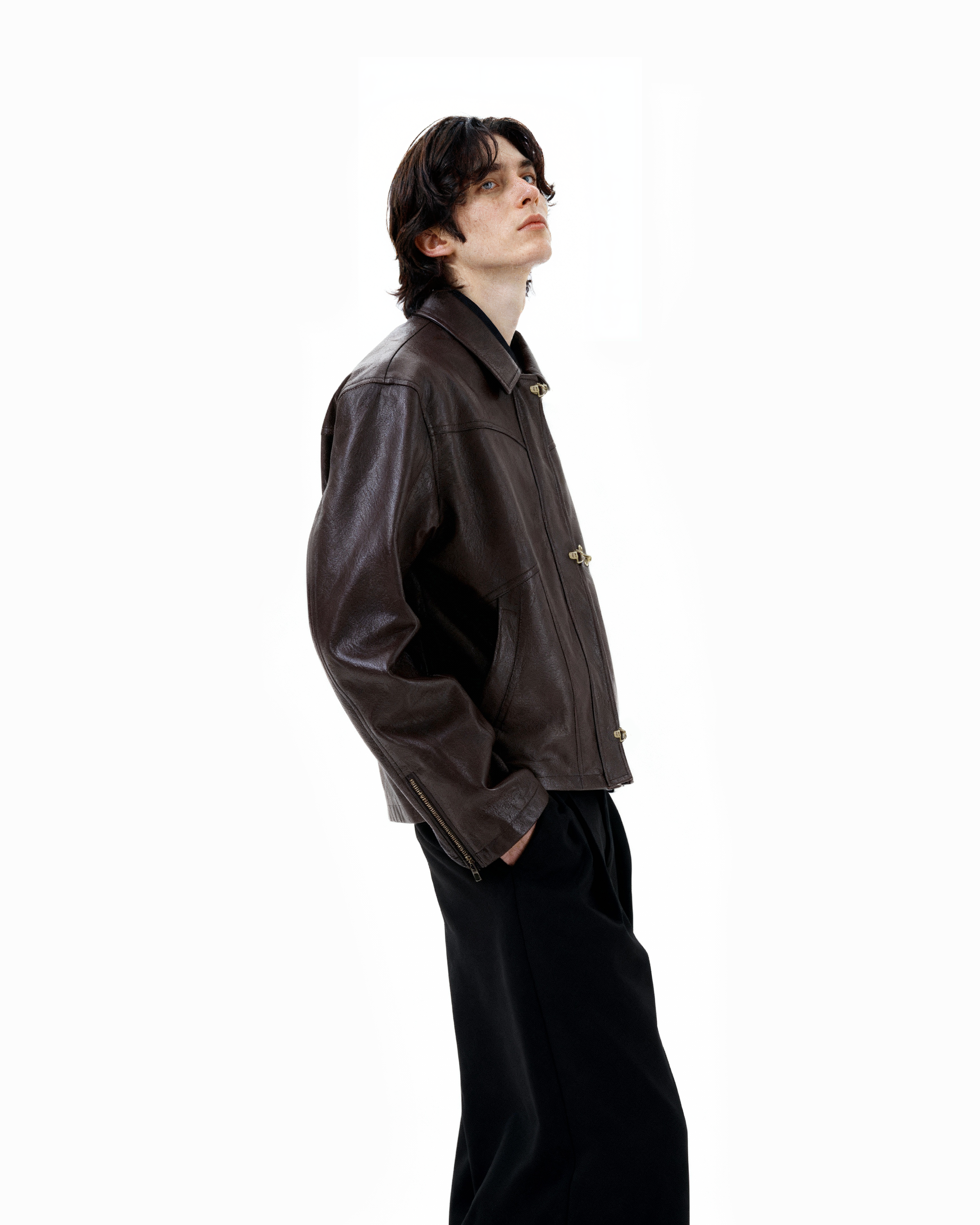 ジャケット・アウター leather hoodie jacket fireman Distressed Leather Fireman Clasp Jacket