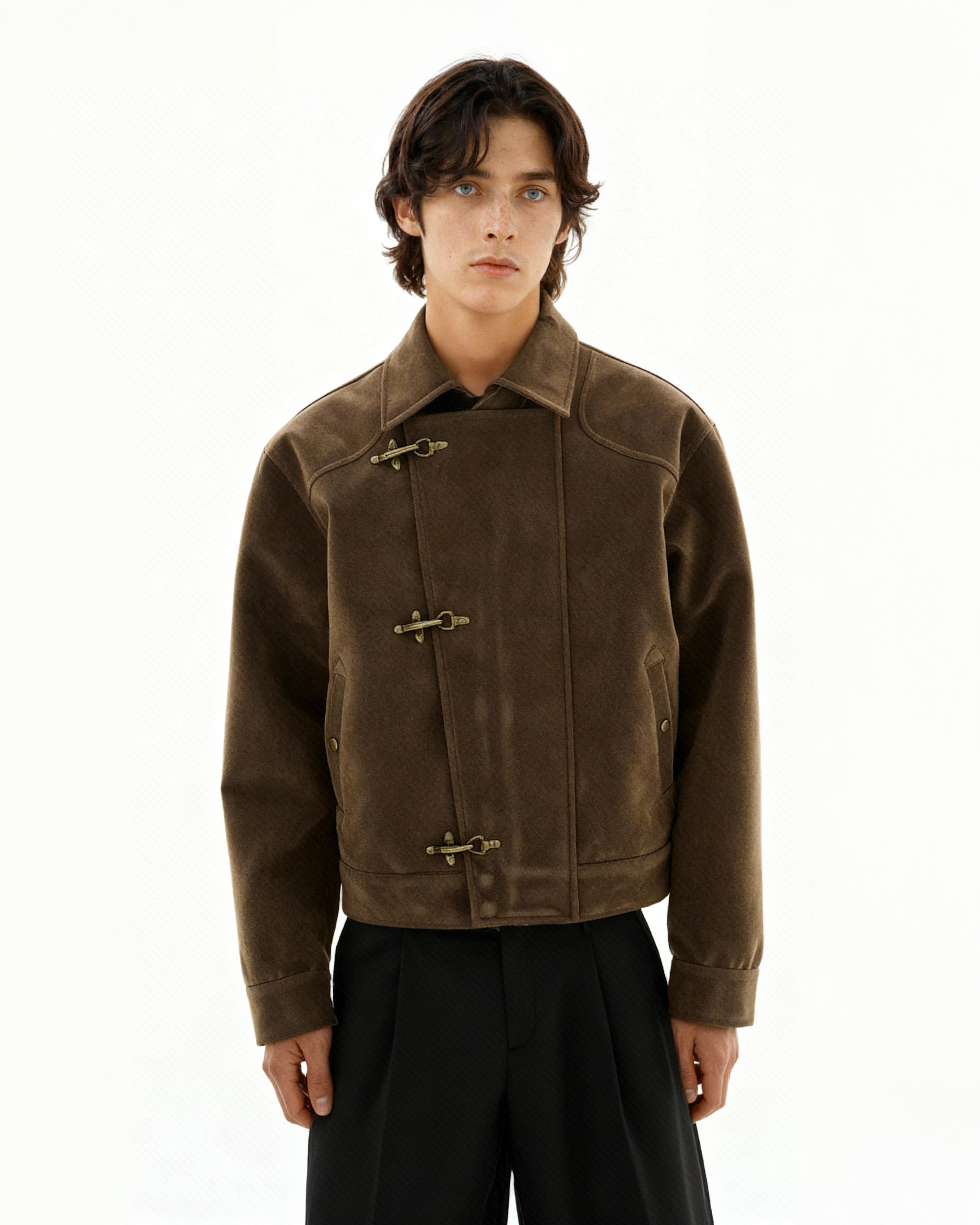 Asymmetric Fireman Buckle Mid Crop Suede Jacket