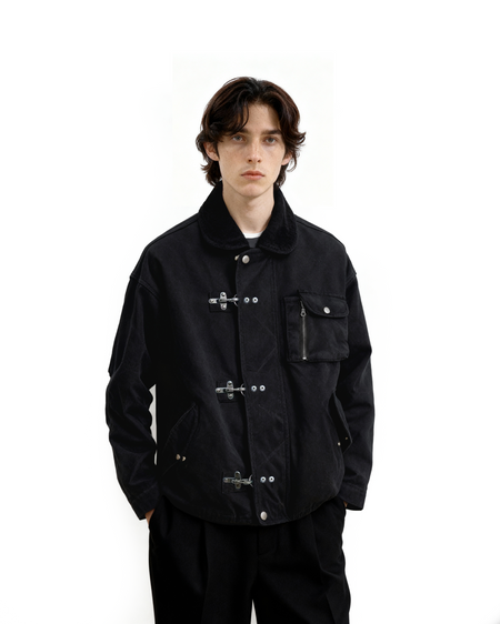 Fireman Clasp Worker Denim Jacket with Patch Pockets