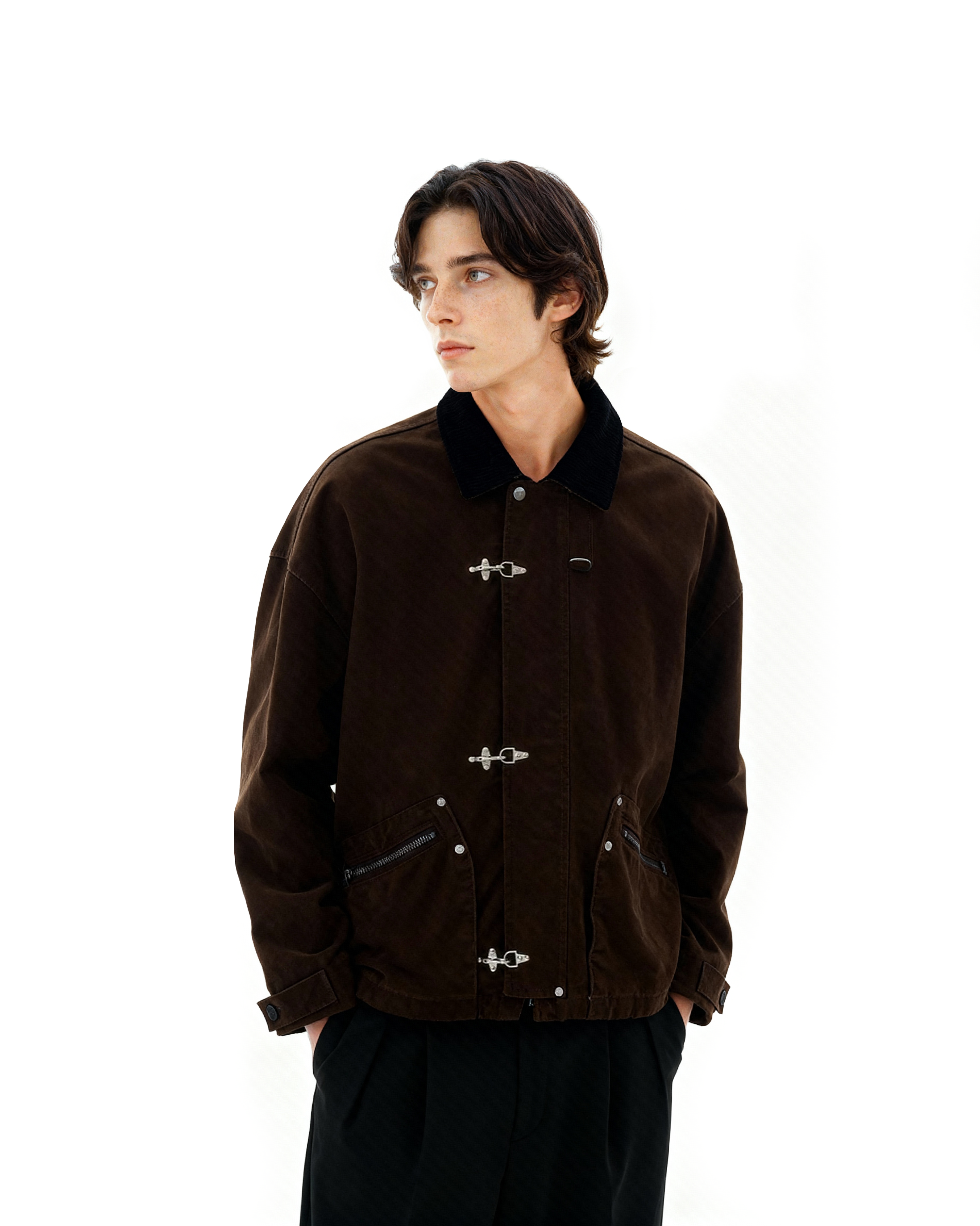 Fireman Buckle Worker Zip Jacket with Contrast Collar Fireman Buckle Worker Zip Jacket with Contrast Collar