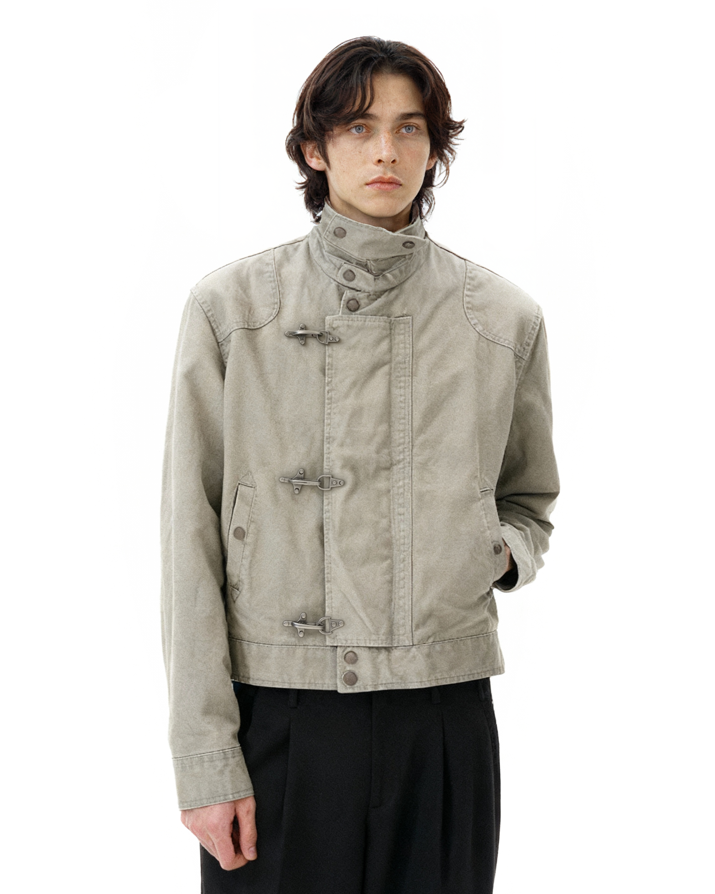 Overlap Fireman Buckle Mid-Crop High Collar Jacket