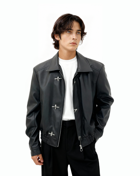 Fireman Clasp-Buckle Faux Leather Collared Jacket - nightcity clothing