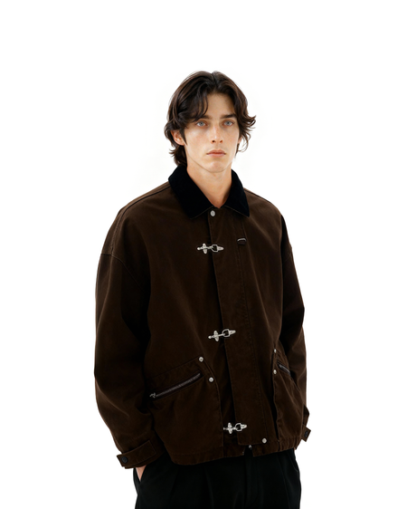 Fireman Buckle Worker Zip Jacket with Contrast Collar - nightcity clothing