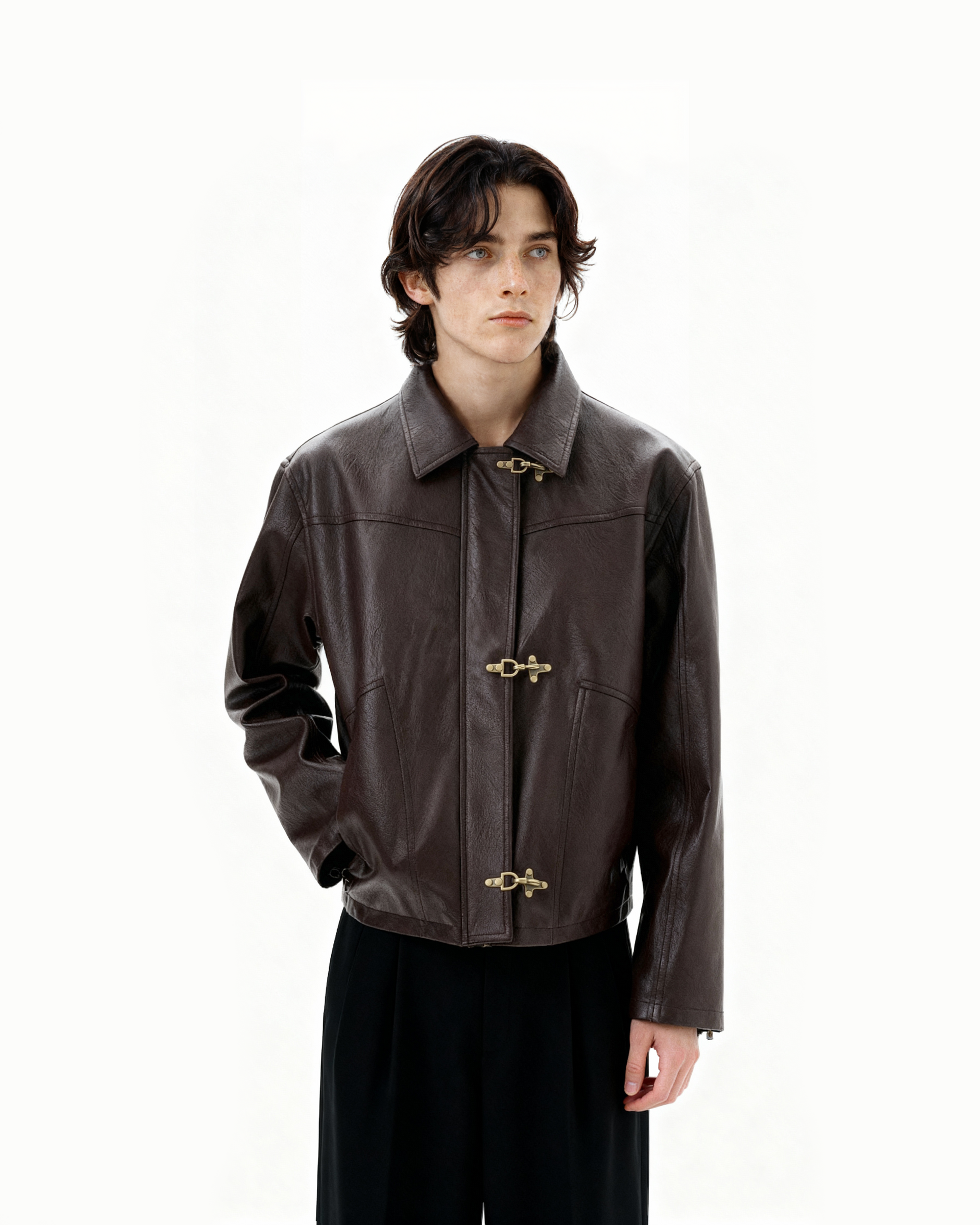 Fireman Buckle Mid-Crop Faux Leather Jacket