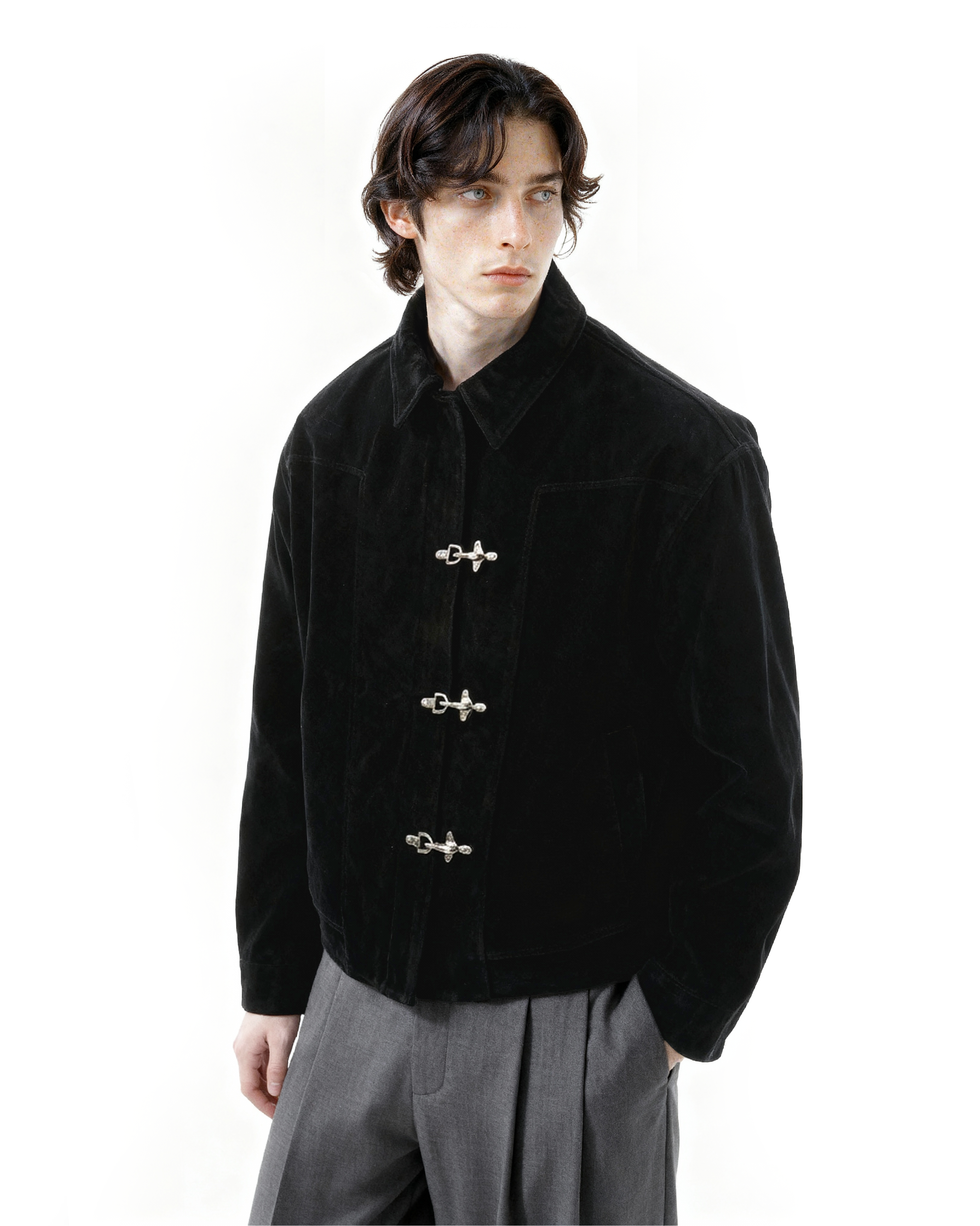 Fireman Buckle Faux Suede Mid-Crop Zip Jacket