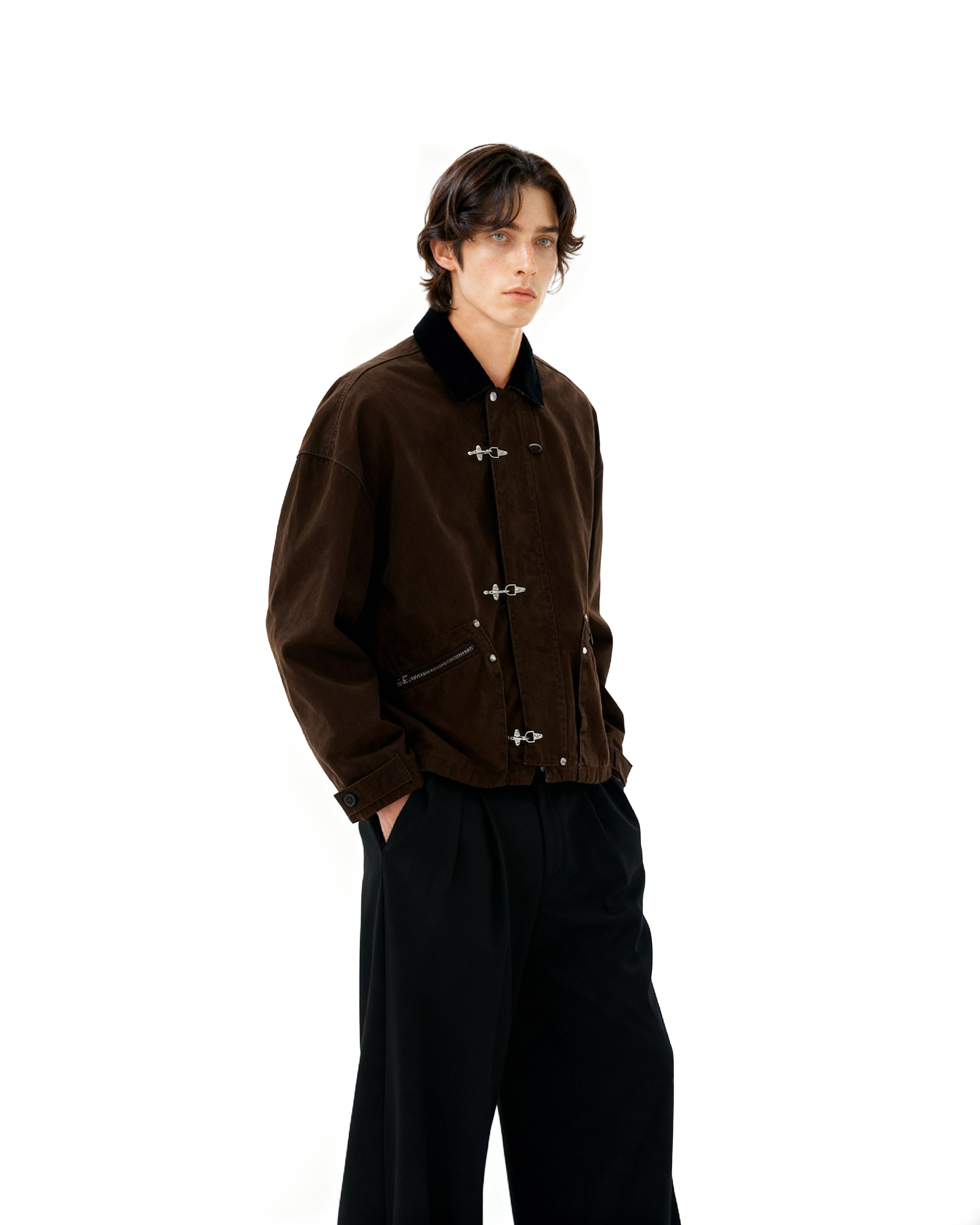 Fireman Buckle Worker Zip Jacket with Contrast Collar