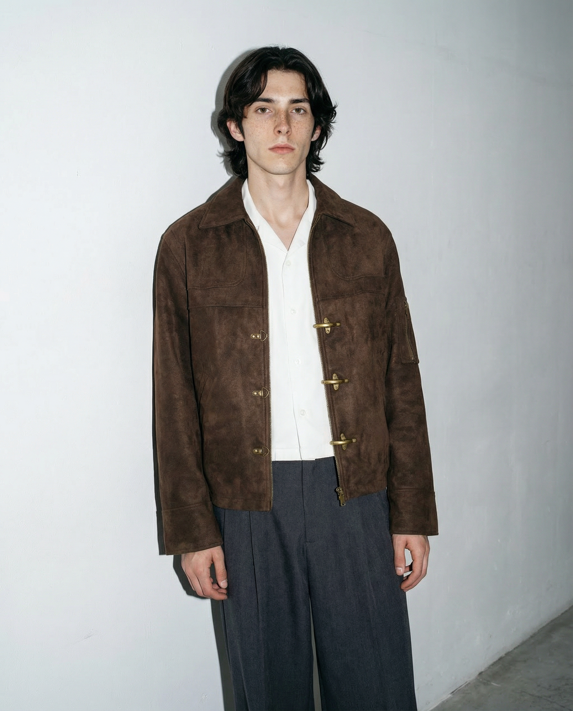Suede Zip Jacket with Fireman Clasp Detail - nightcity clothing