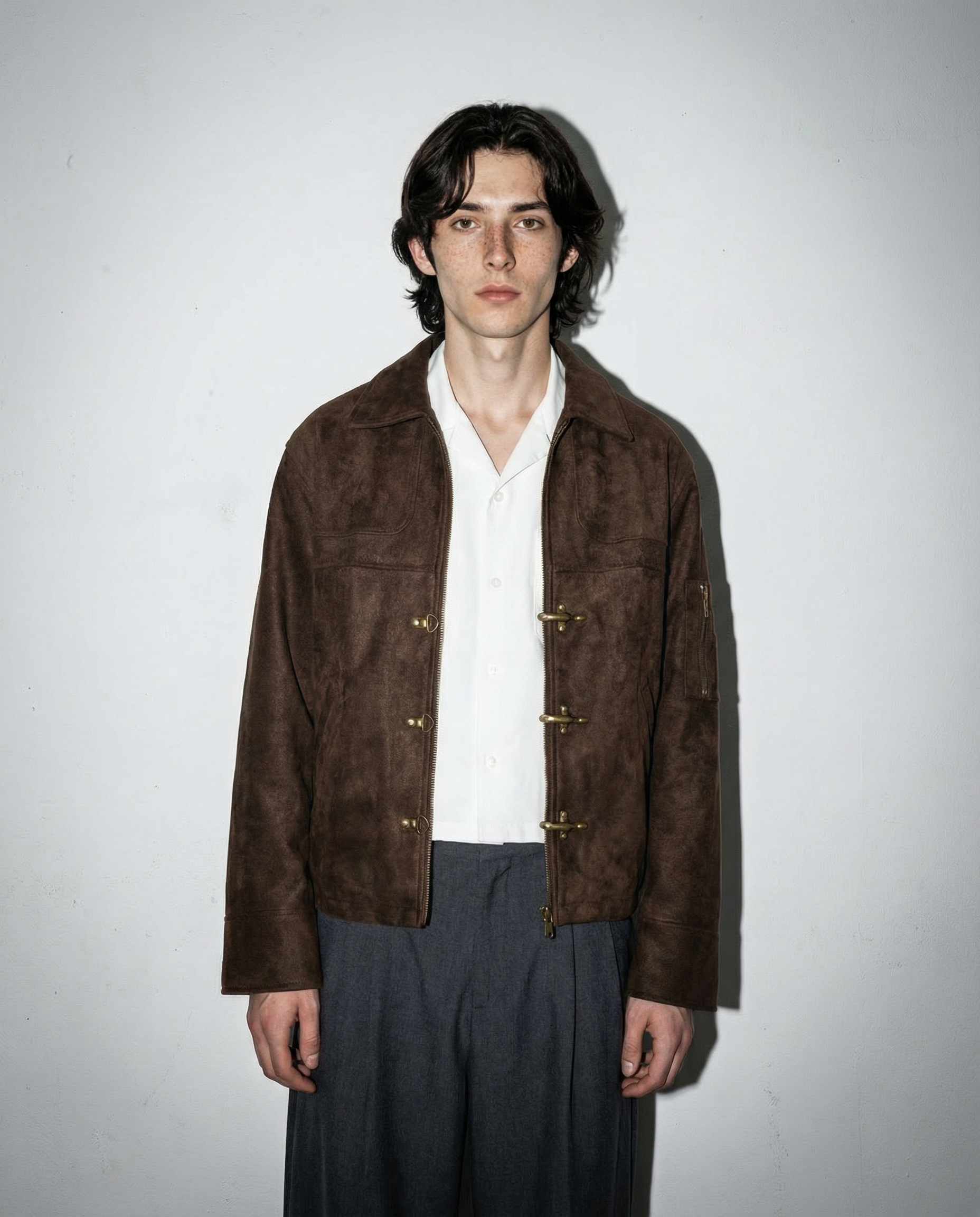 Suede Zip Jacket with Fireman Clasp Detail - nightcity clothing