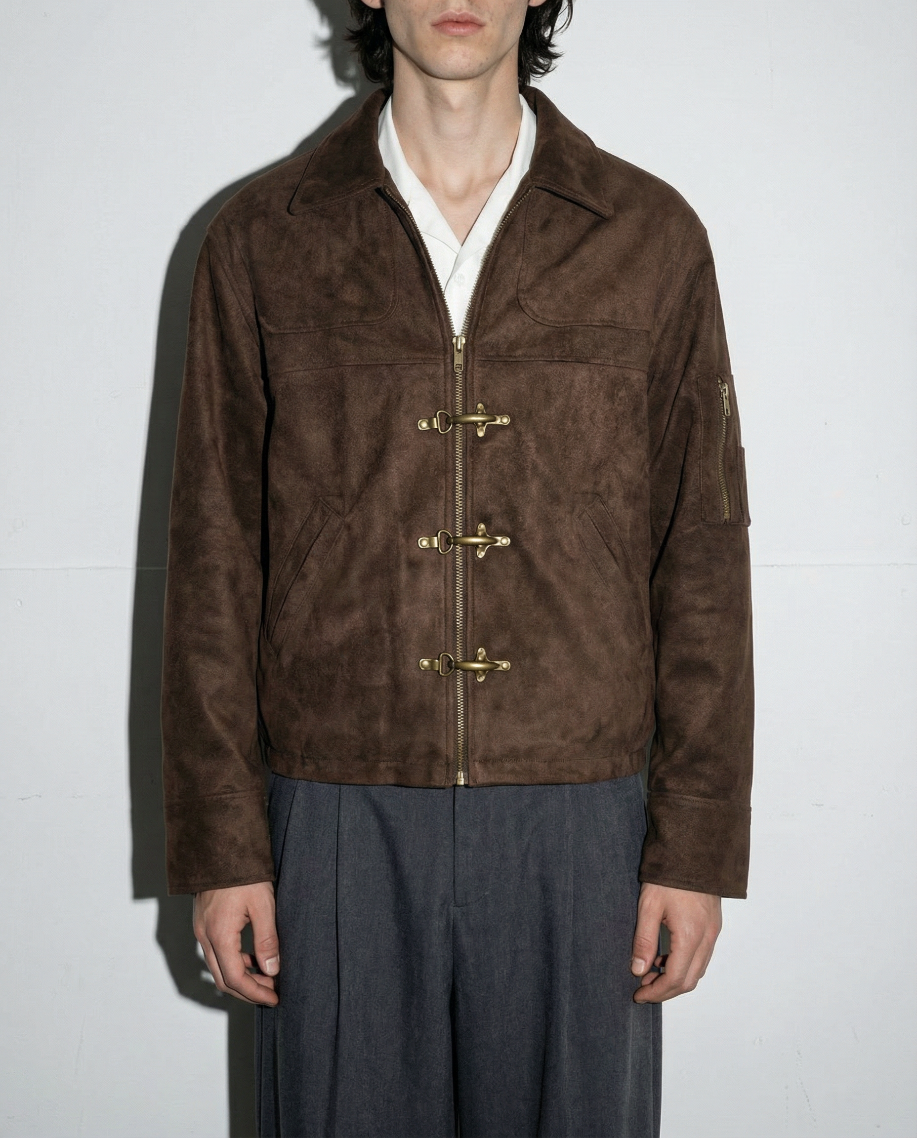 Suede Zip Jacket with Fireman Clasp Detail - nightcity clothing