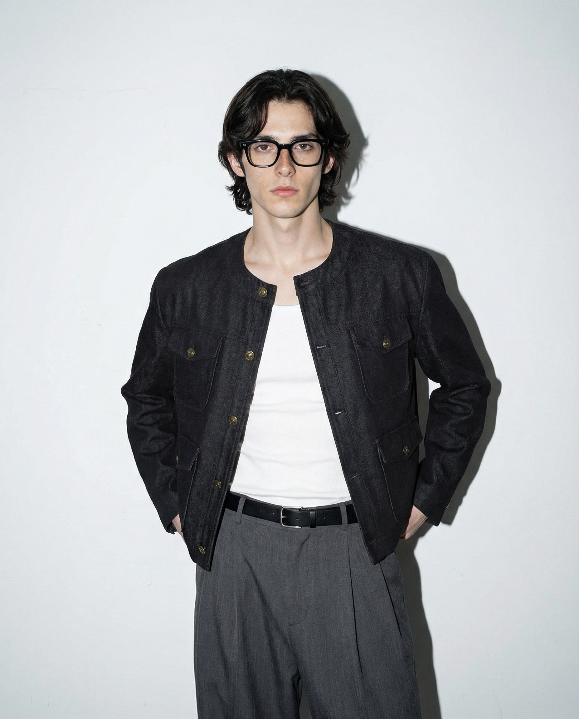 Collarless Mid Crop Worker Jacket with Patch Pockets - nightcity clothing