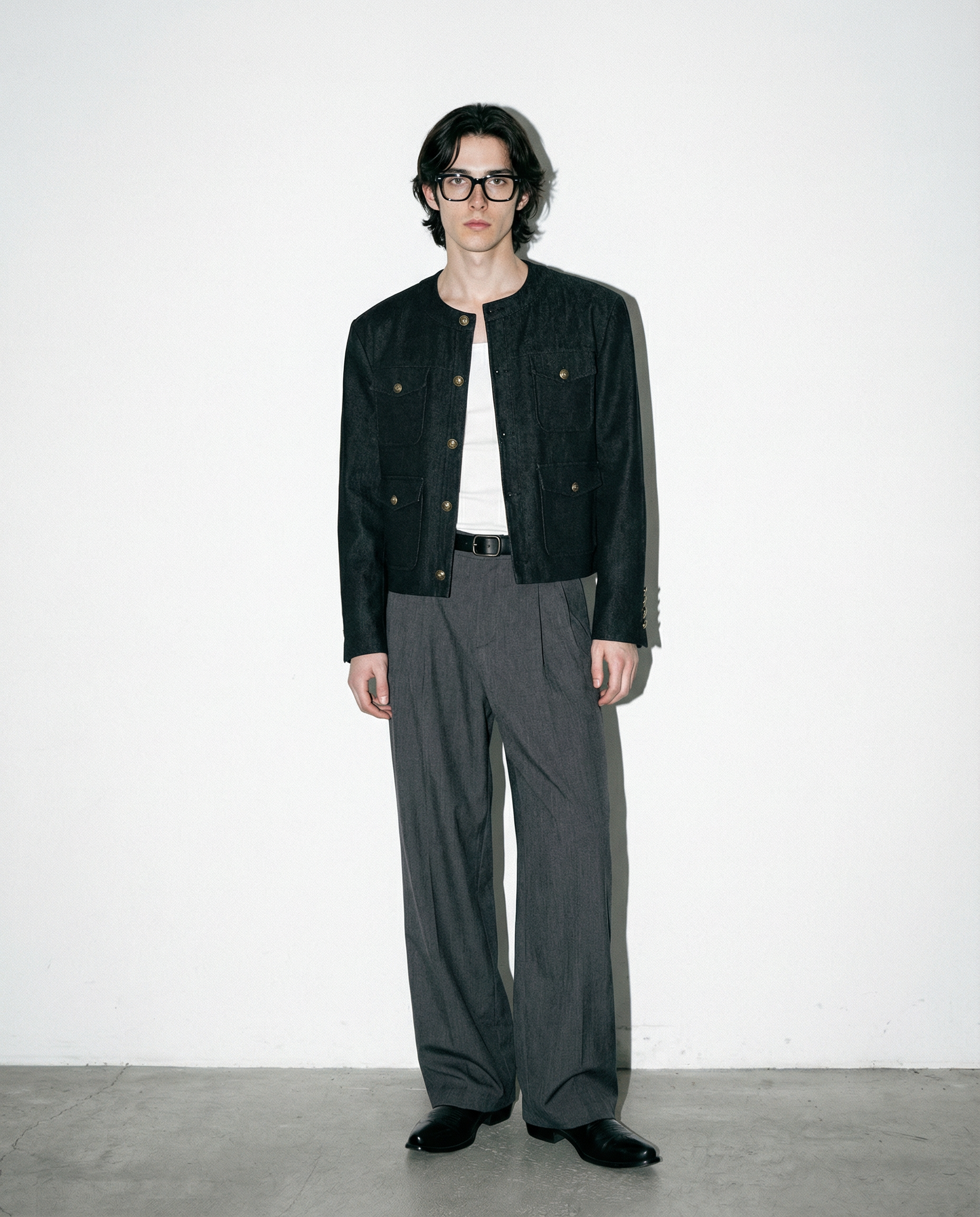 Collarless Mid Crop Worker Jacket with Patch Pockets - nightcity clothing