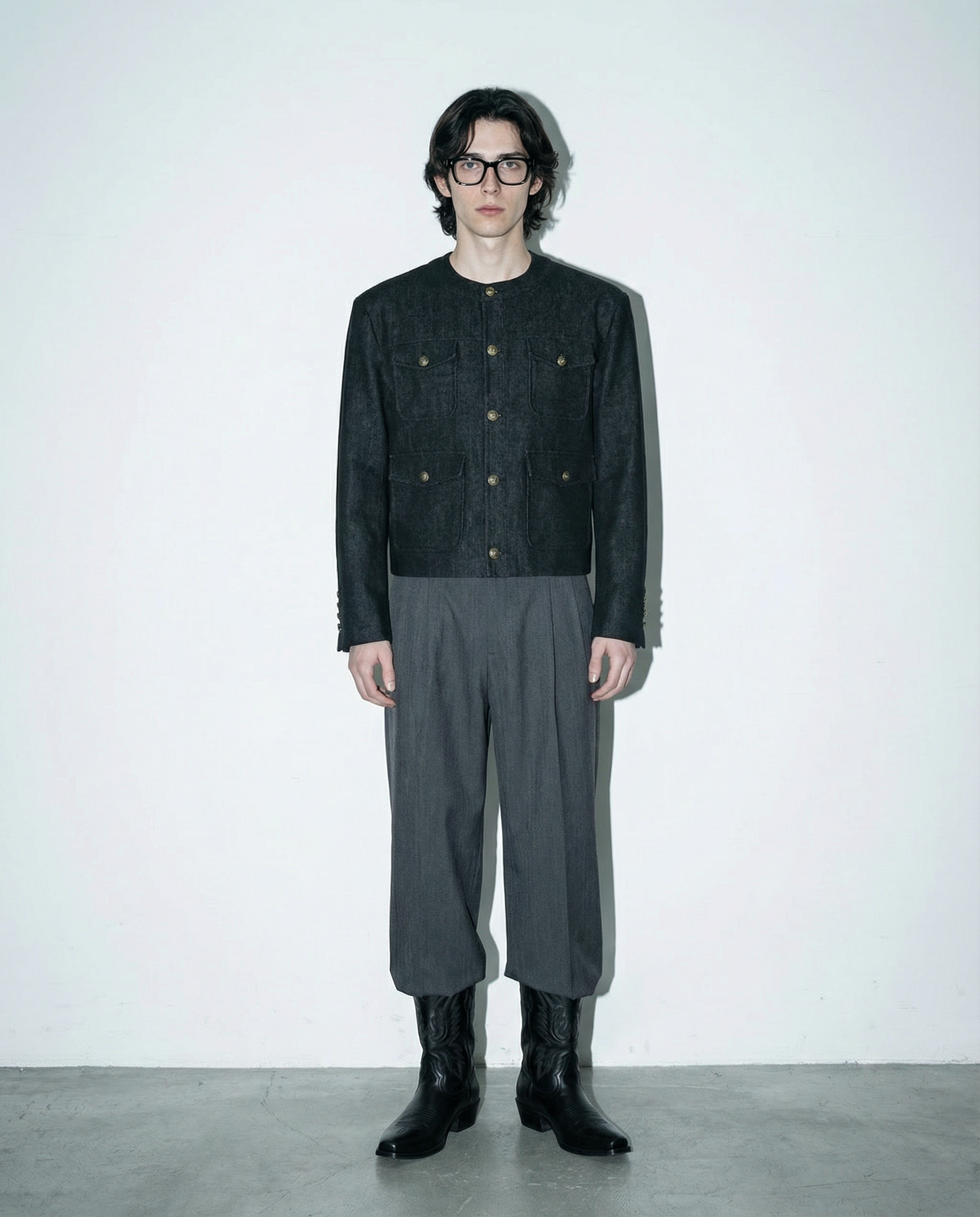 Collarless Mid Crop Worker Jacket with Patch Pockets - nightcity clothing