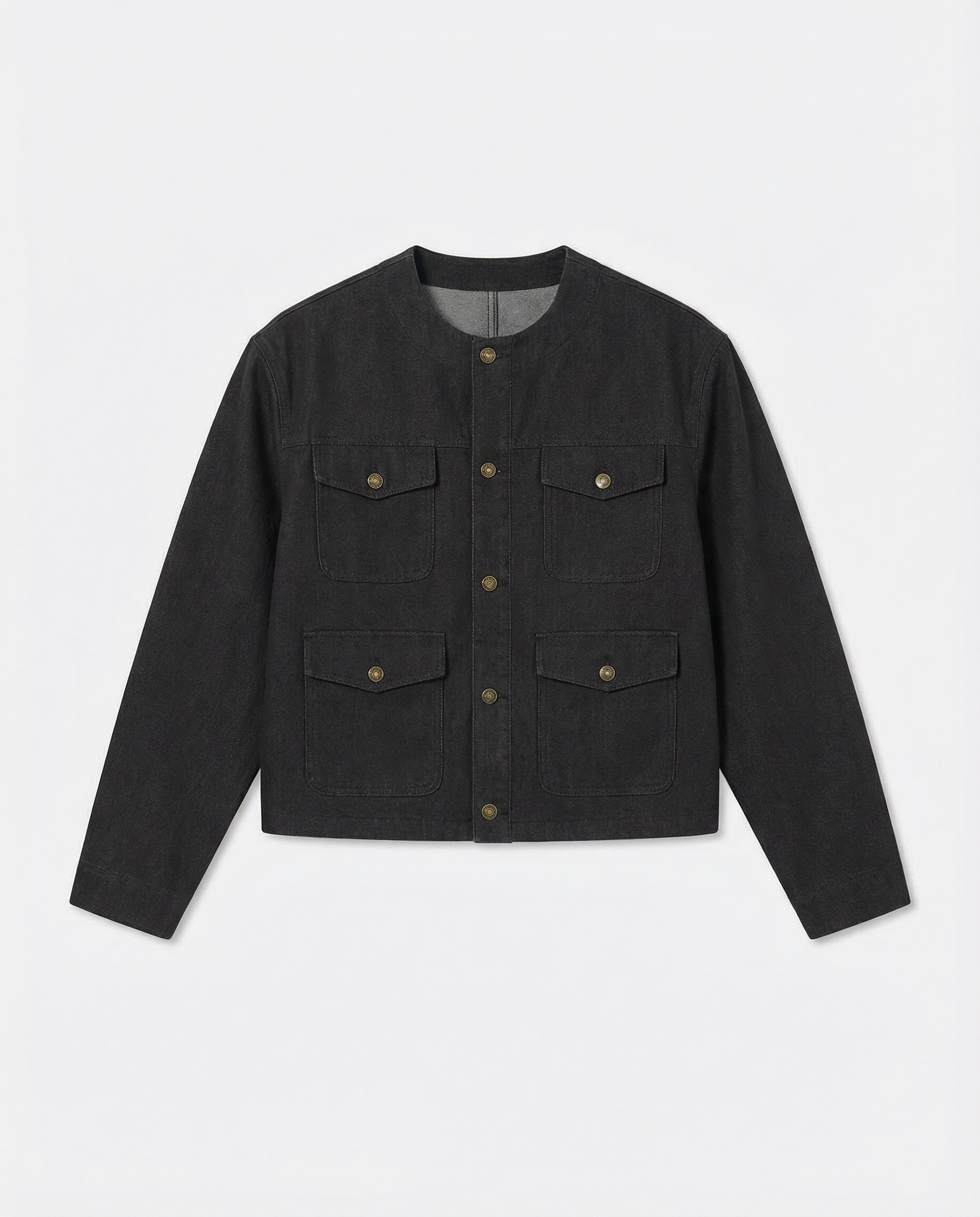 Collarless Mid Crop Worker Jacket with Patch Pockets - nightcity clothing