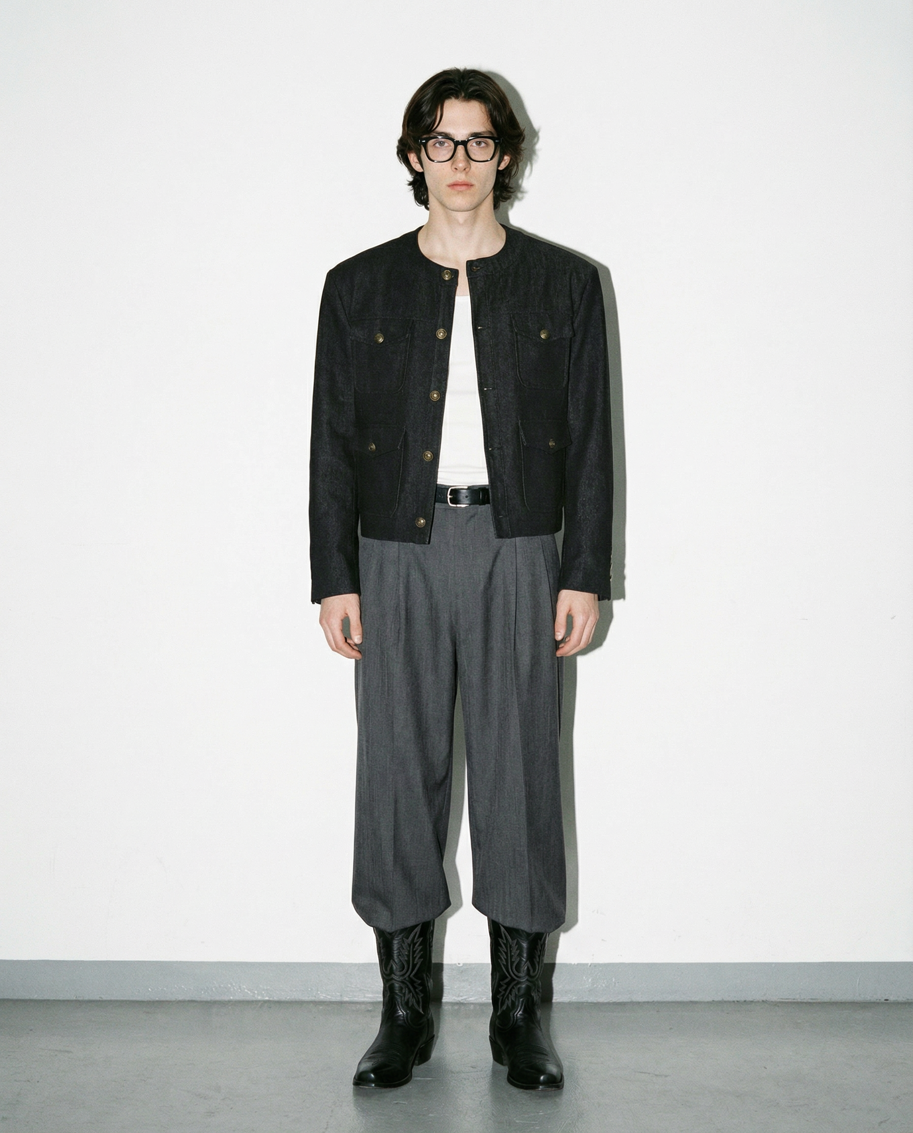 Collarless Mid Crop Worker Jacket with Patch Pockets - nightcity clothing