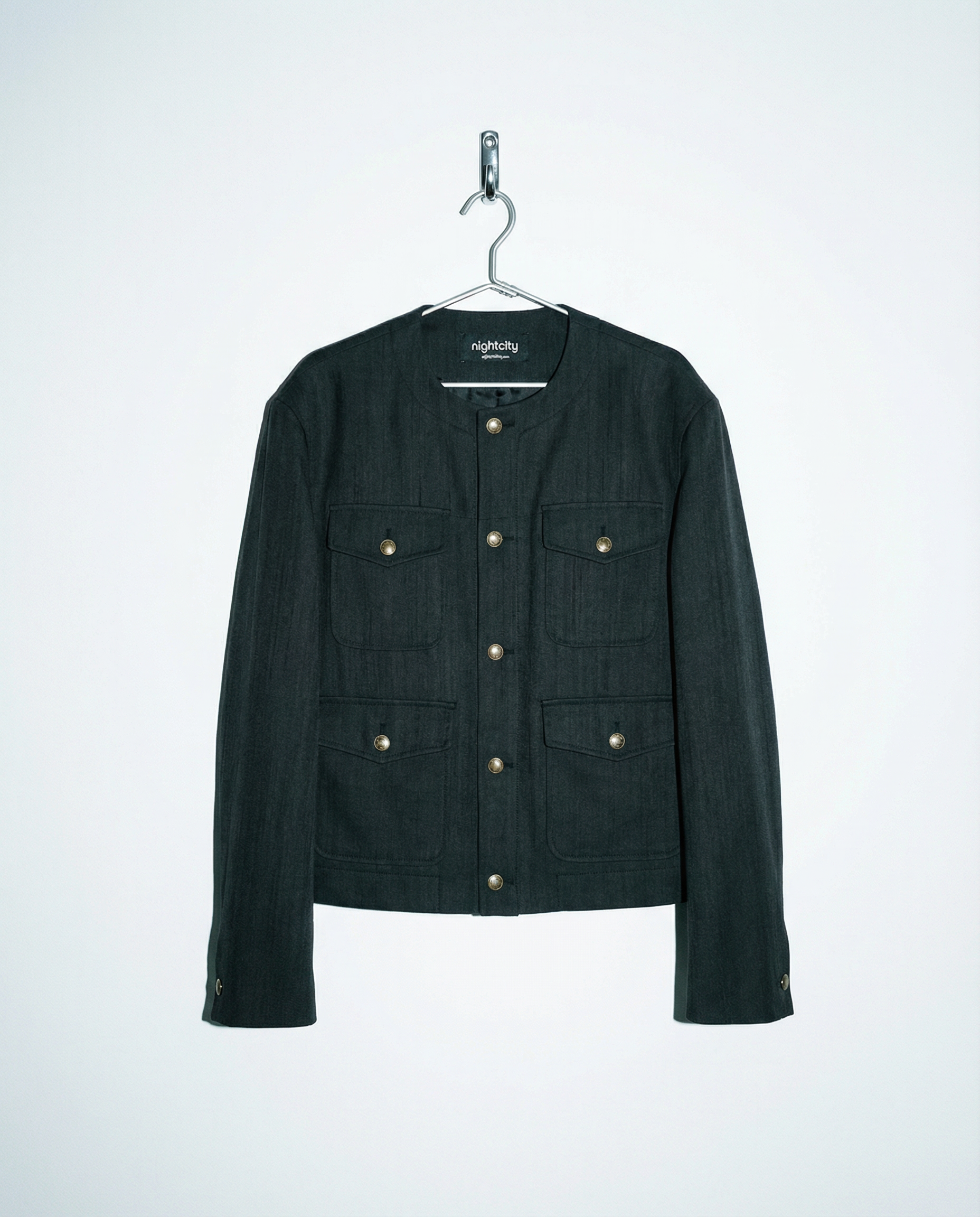 Collarless Mid Crop Worker Jacket with Patch Pockets - nightcity clothing