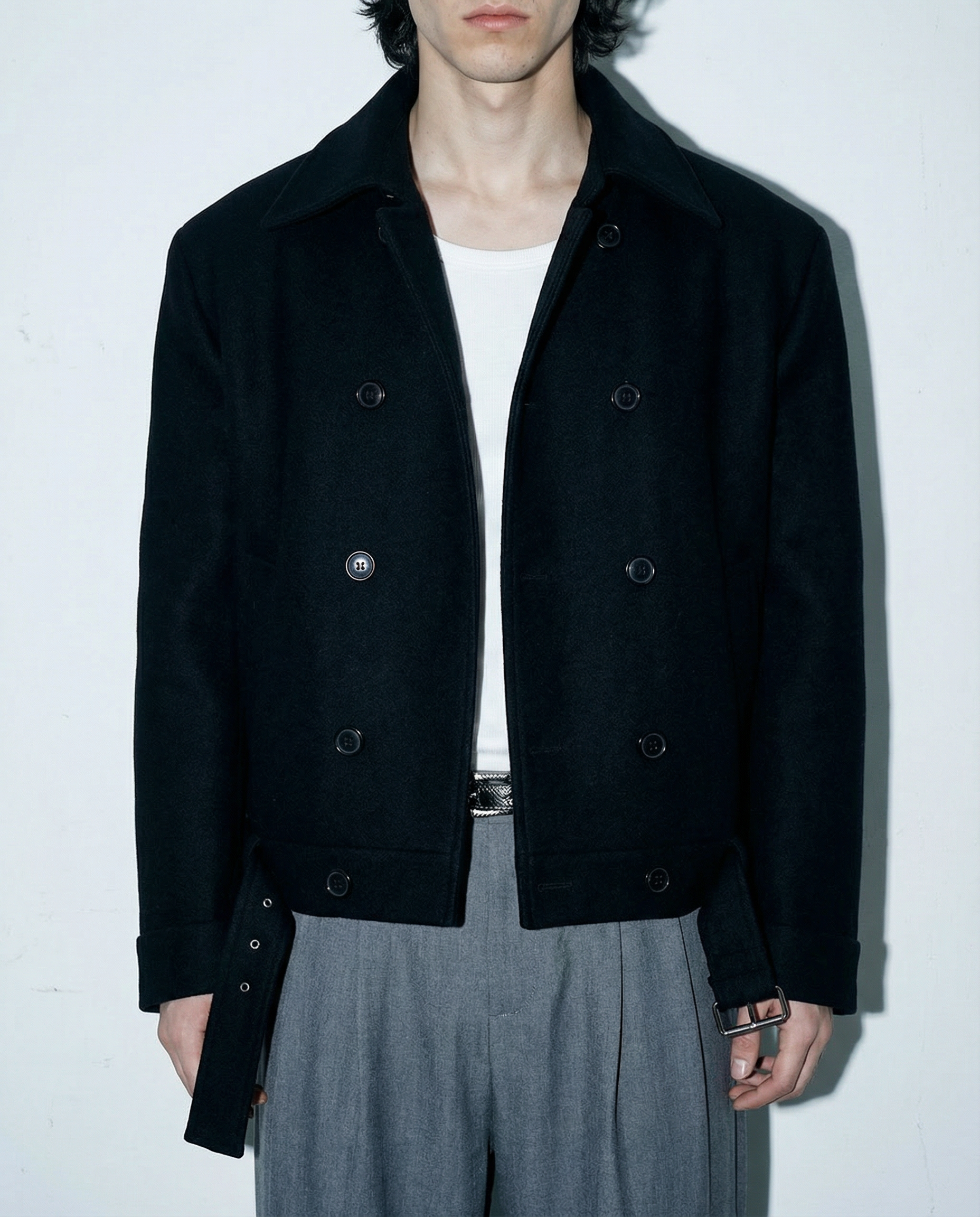 Boxy Cropped Double-Breasted Belted Peacoat - nightcity clothing