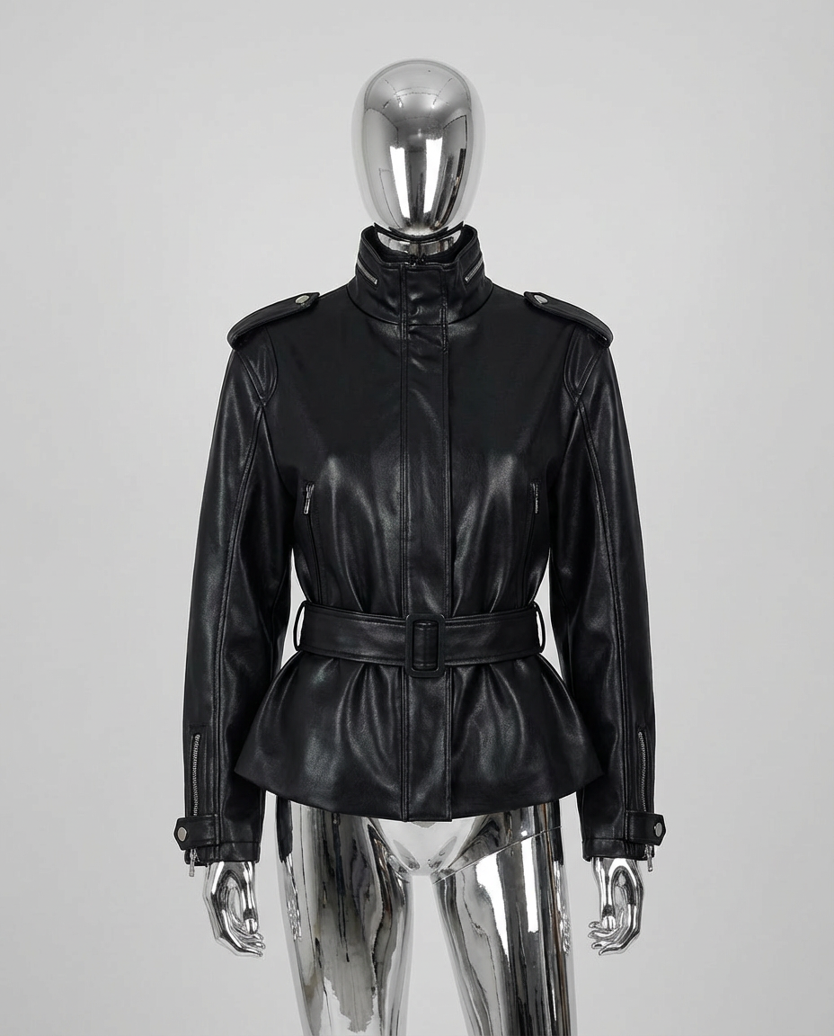 Boxy Faux Leather Funnel Neck Belted Jacket - nightcity clothing