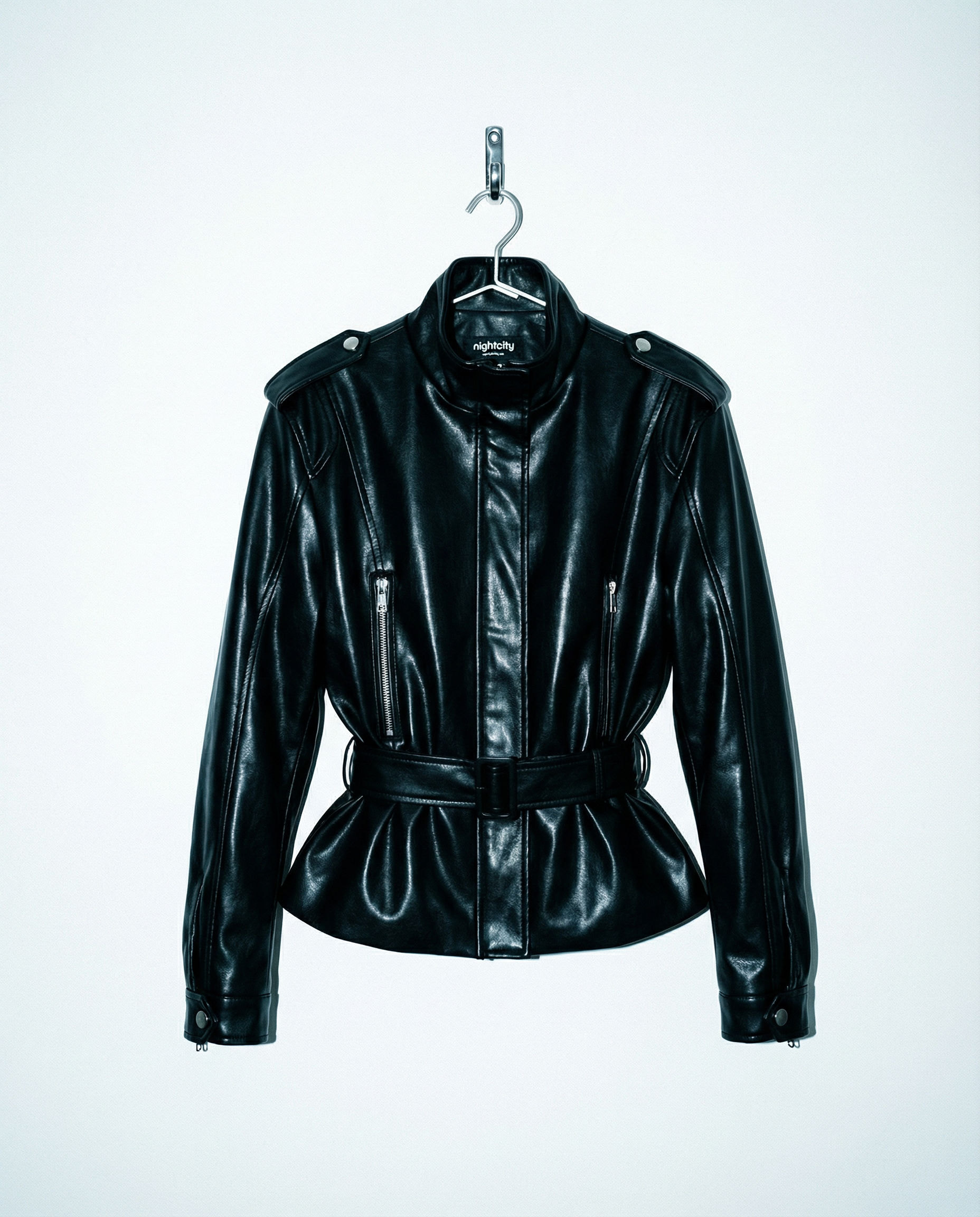 Boxy Faux Leather Funnel Neck Belted Jacket - nightcity clothing