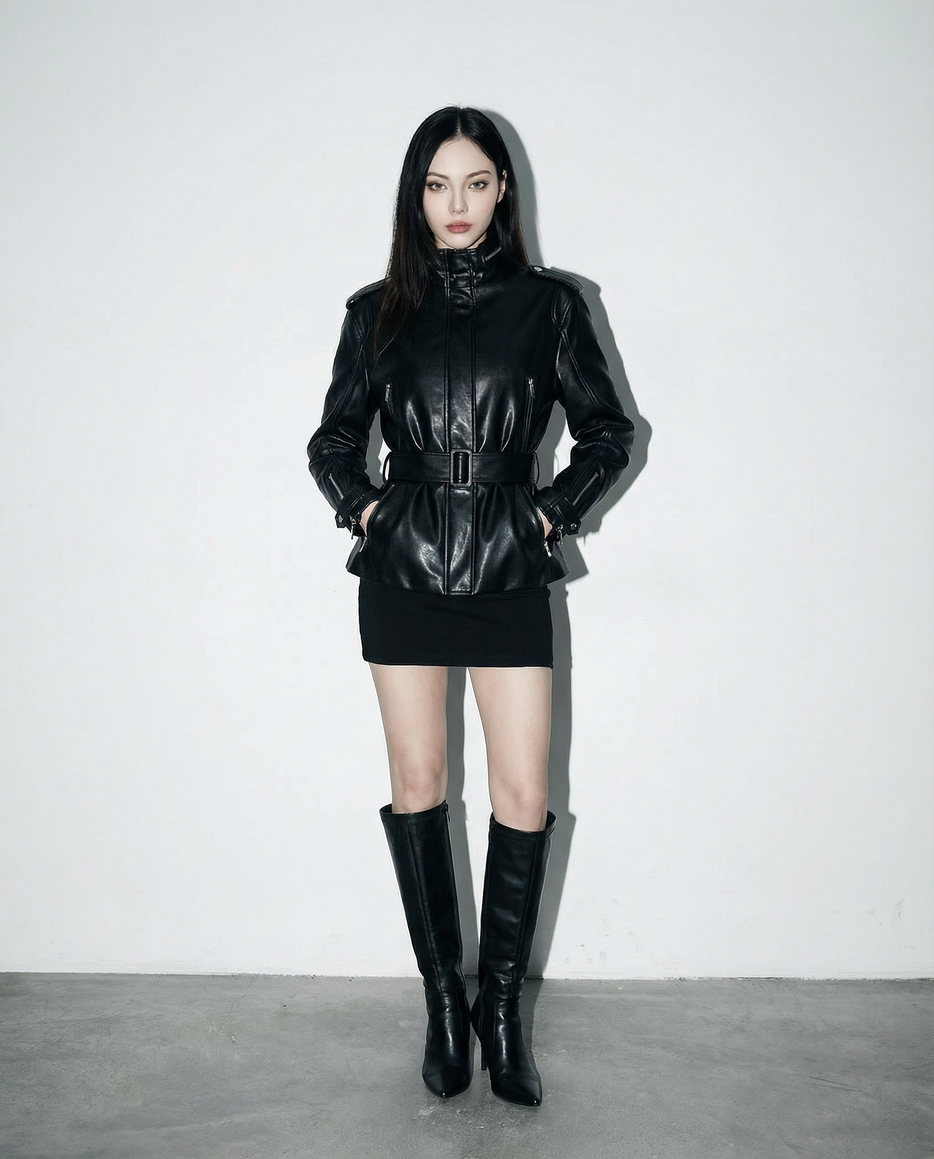 Boxy Faux Leather Funnel Neck Belted Jacket - nightcity clothing