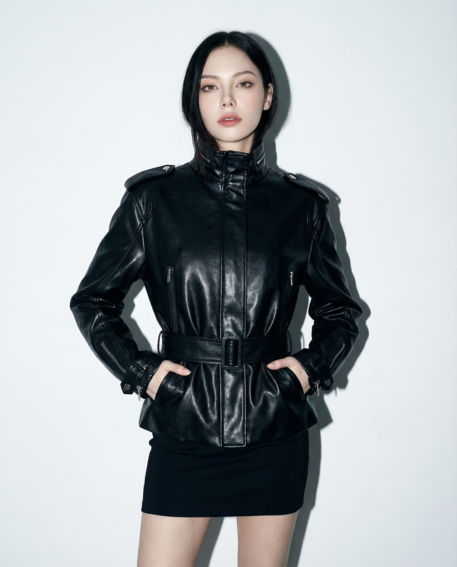 Boxy Faux Leather Funnel Neck Belted Jacket - nightcity clothing