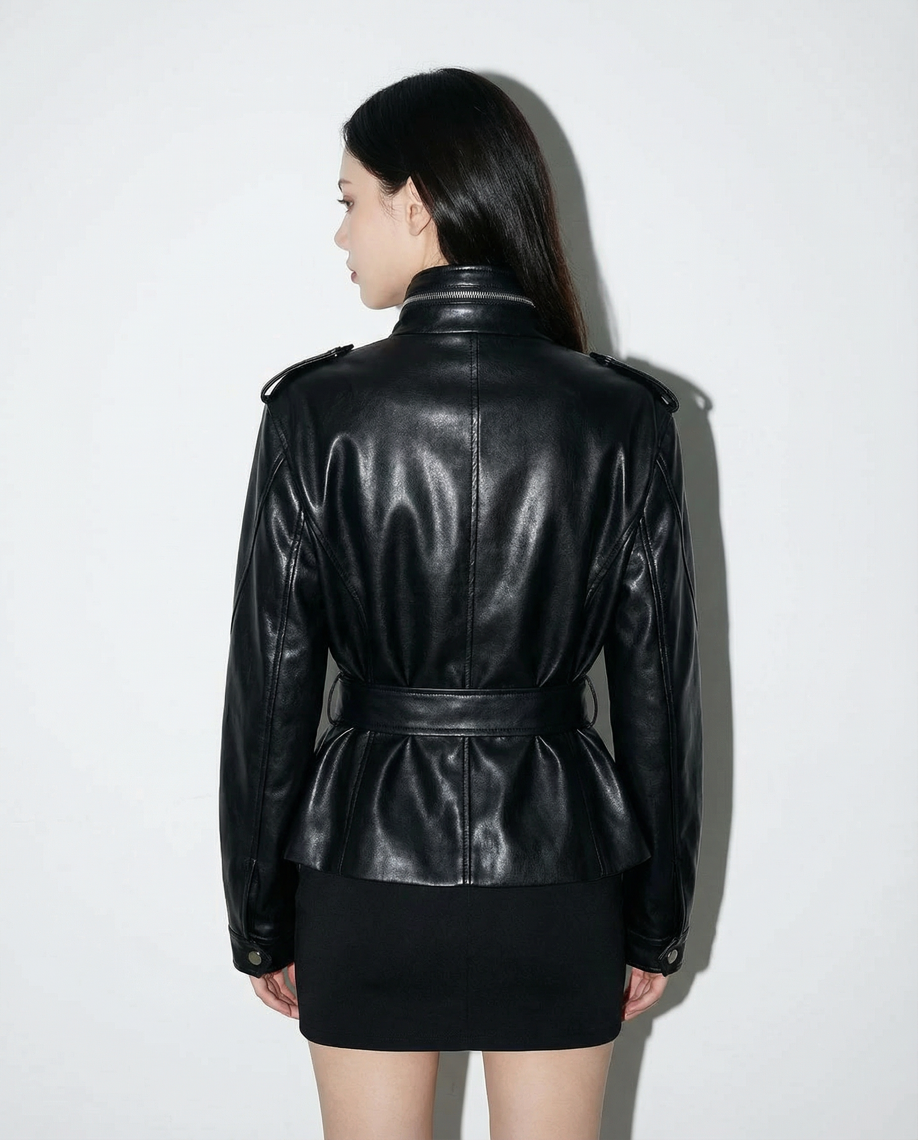 Boxy Faux Leather Funnel Neck Belted Jacket - nightcity clothing