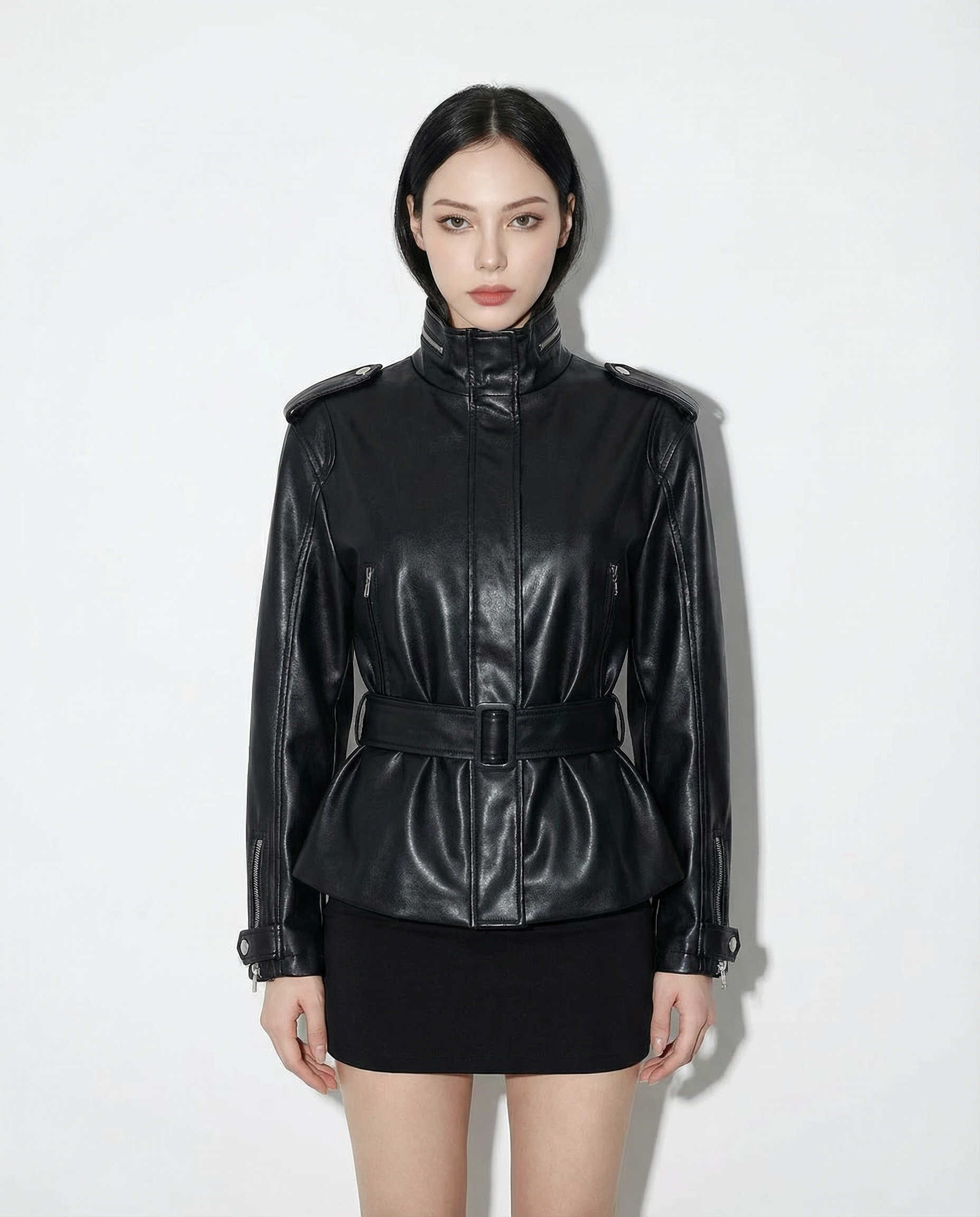 Boxy Faux Leather Funnel Neck Belted Jacket - nightcity clothing